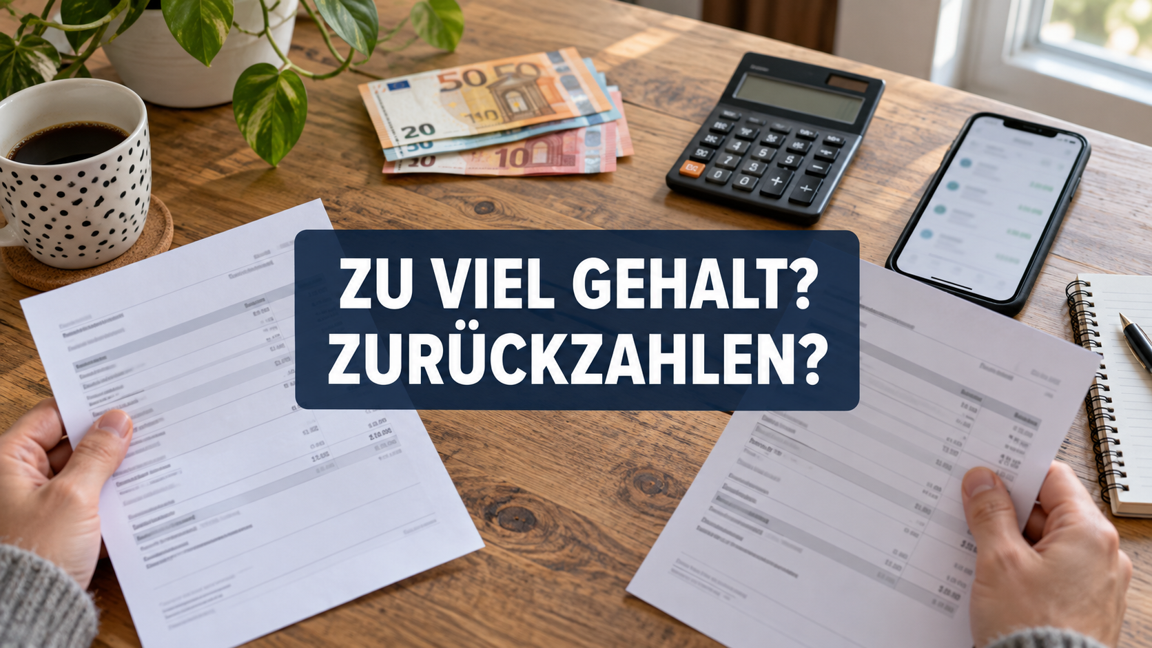 Zwei fiktive Gehaltsabrechnungen mit Rechner und unerwartetem Mehrbetrag; zentraler Schriftzug: Zu viel Gehalt? Zurückzahlen?