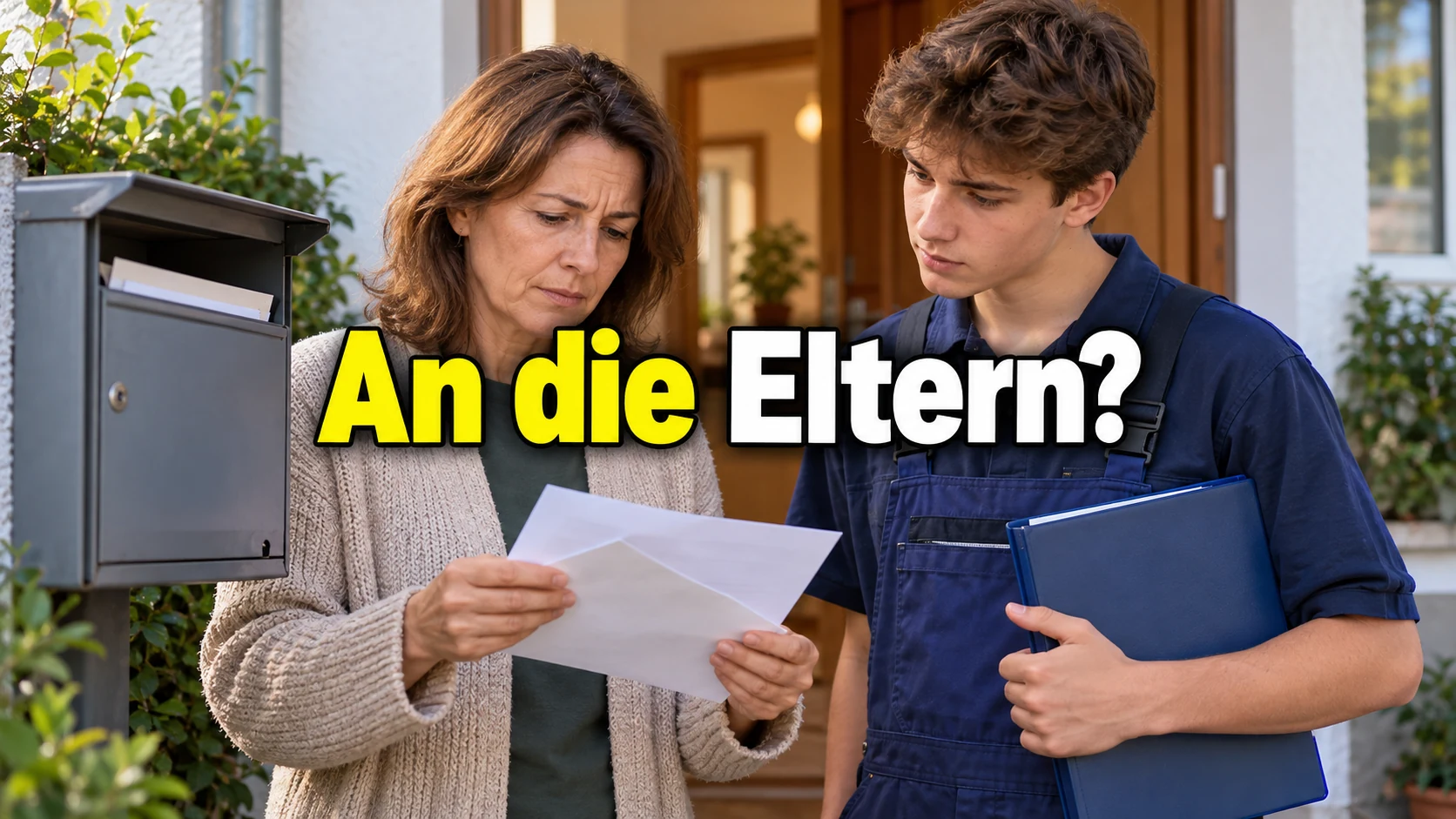 Fiktive Mutter prüft am Familienbriefkasten einen Arbeitsbrief neben einem jungen Auszubildenden mit Mappe. Zentraler Text: An die Eltern?