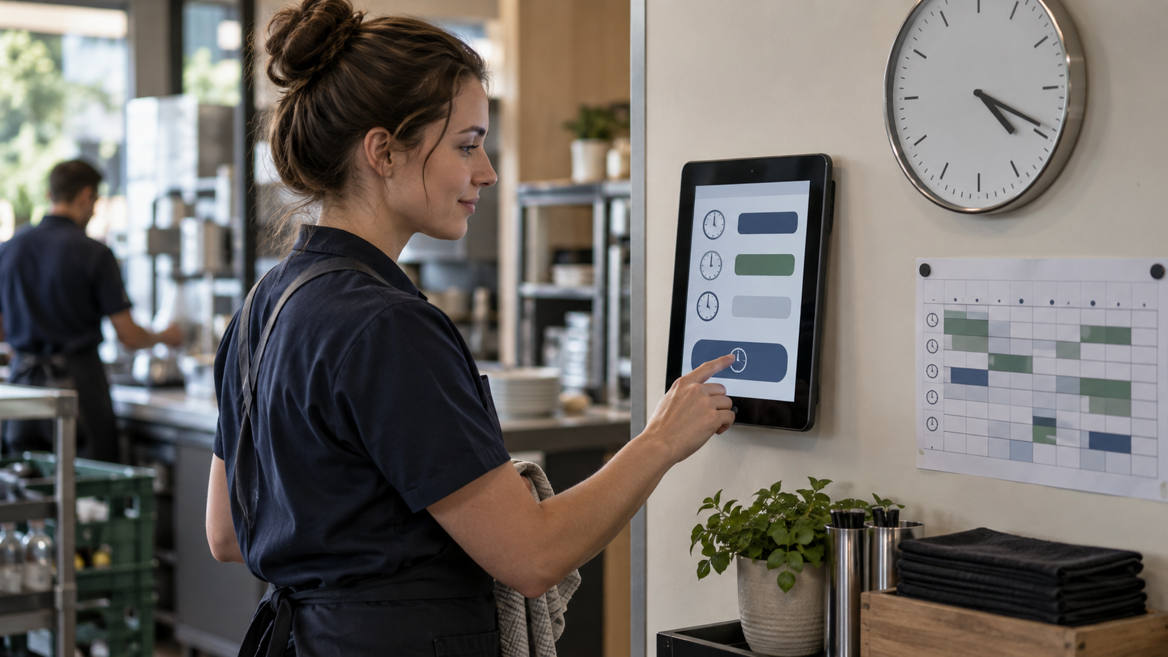 Beschäftigter erfasst das Ende seiner Arbeitszeit an einem digitalen Zeiterfassungsgerät.
