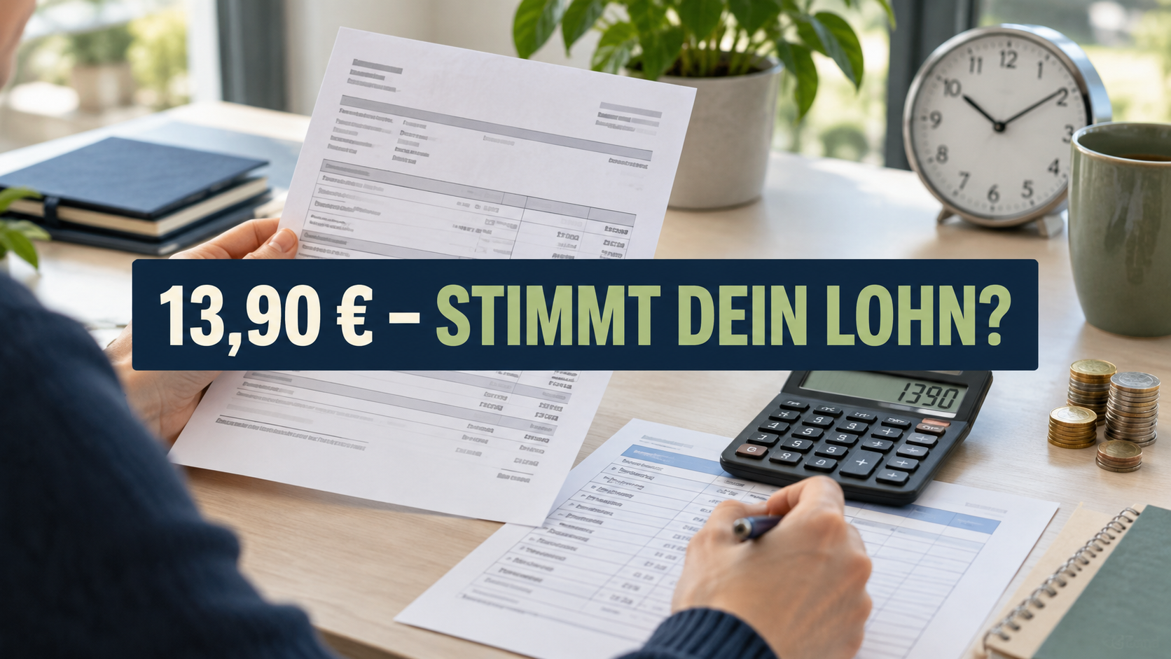 Lohnabrechnung, Rechner und Münzen mit der Frage: Stimmt dein Lohn?