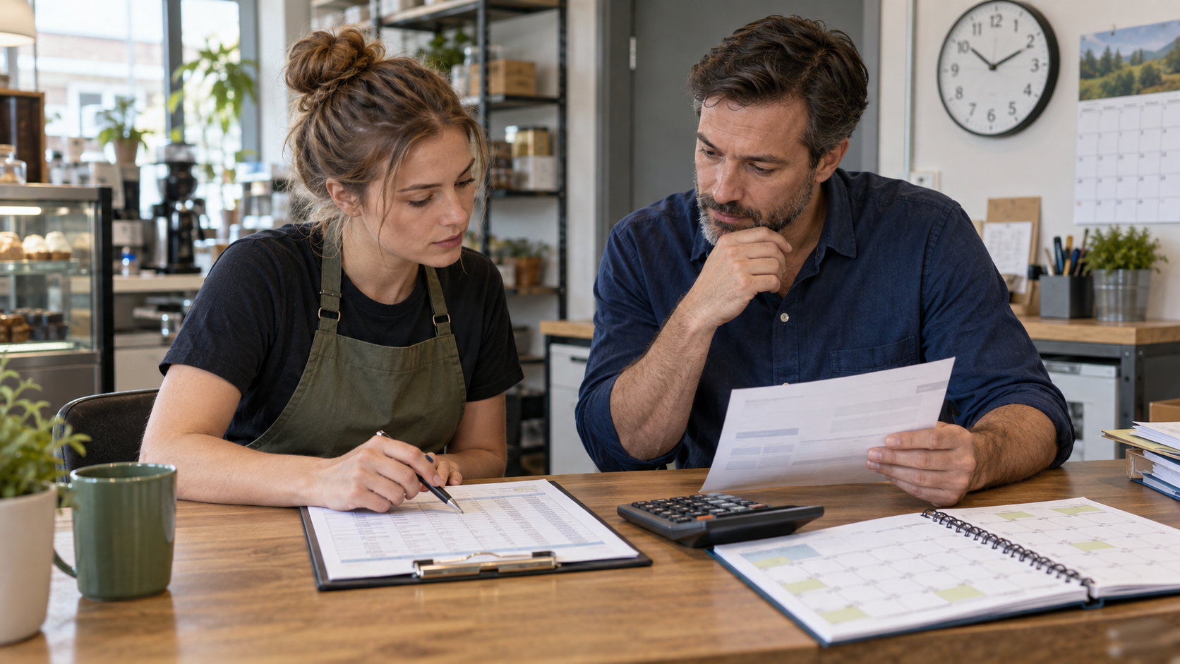 Minijobberin und Arbeitgeber prüfen Arbeitszeitaufzeichnungen, Dienstplan, Verdienst und Monatsgrenze.