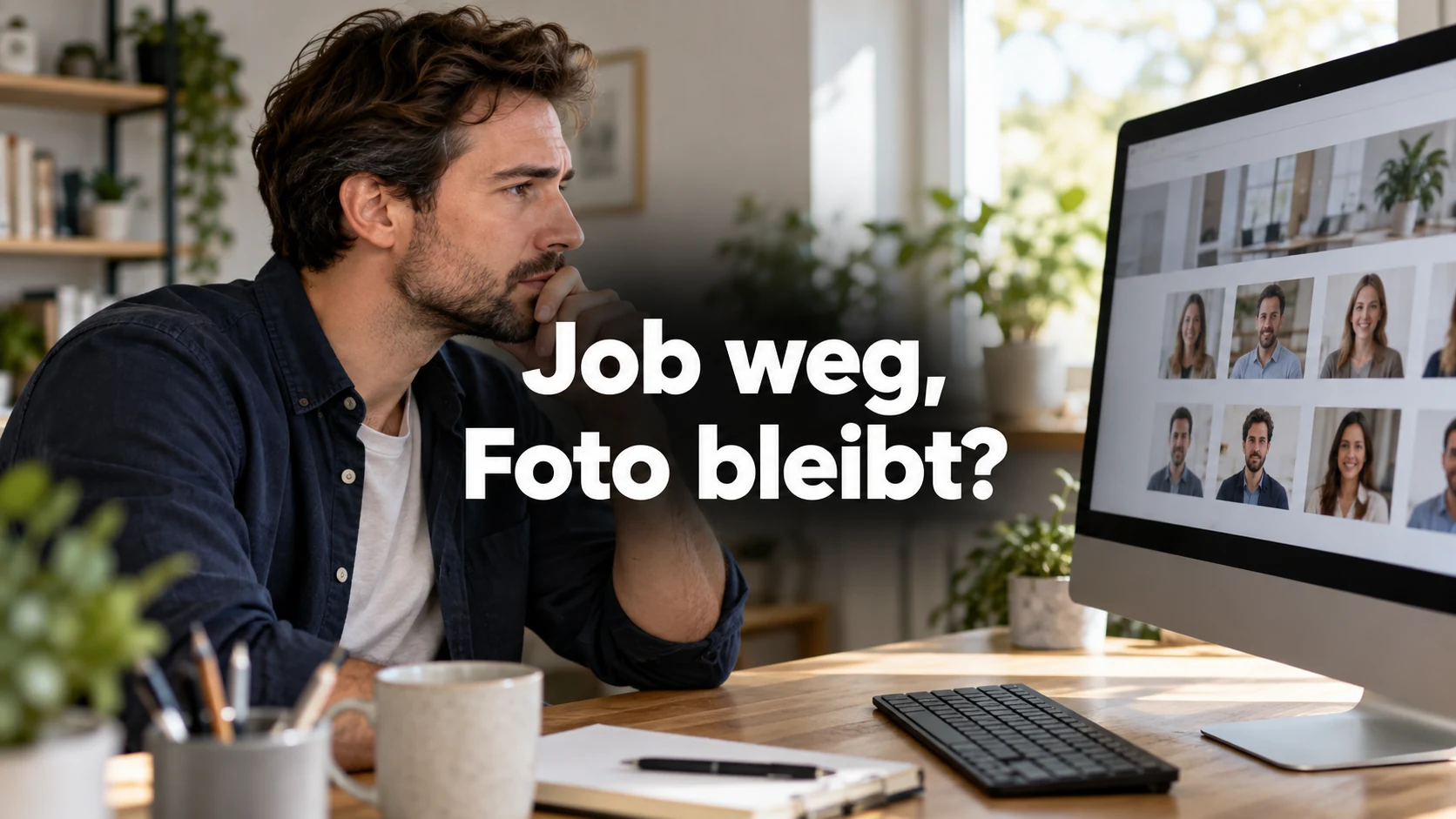 Fiktiver ehemaliger Mitarbeiter sieht eine Teamseite auf dem Bildschirm; zentral steht: Job weg, Foto bleibt?