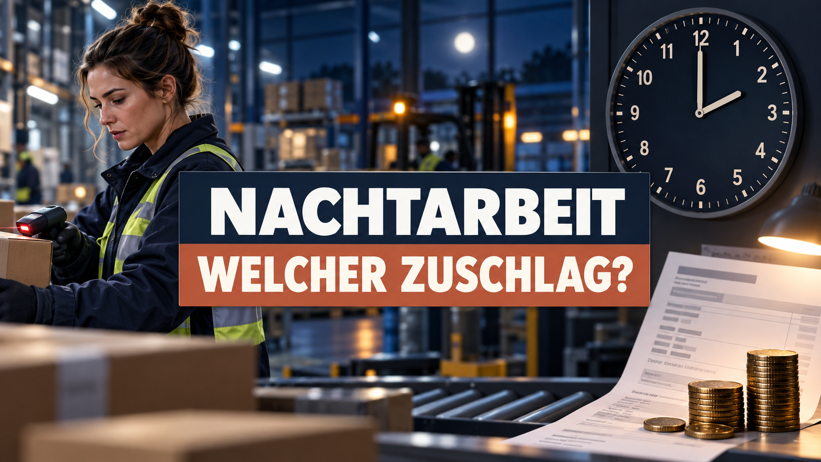 Nachtarbeiterin in einer Logistikhalle mit Uhr und der Frage: Nachtarbeit – welcher Zuschlag?