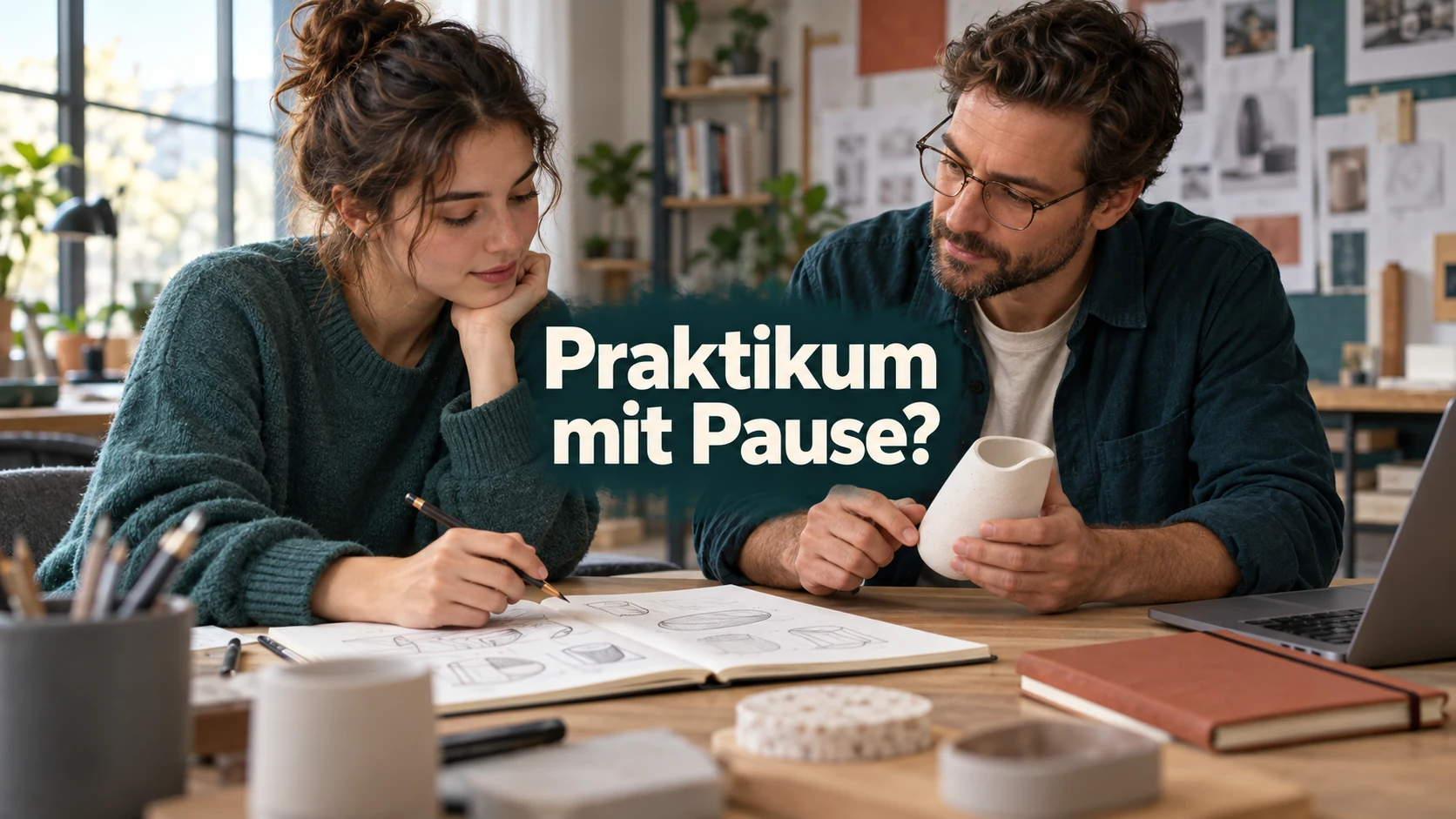 Fiktive erwachsene Praktikantin lernt mit einem Mentor an einem Designprototyp; zentral steht: Praktikum mit Pause?