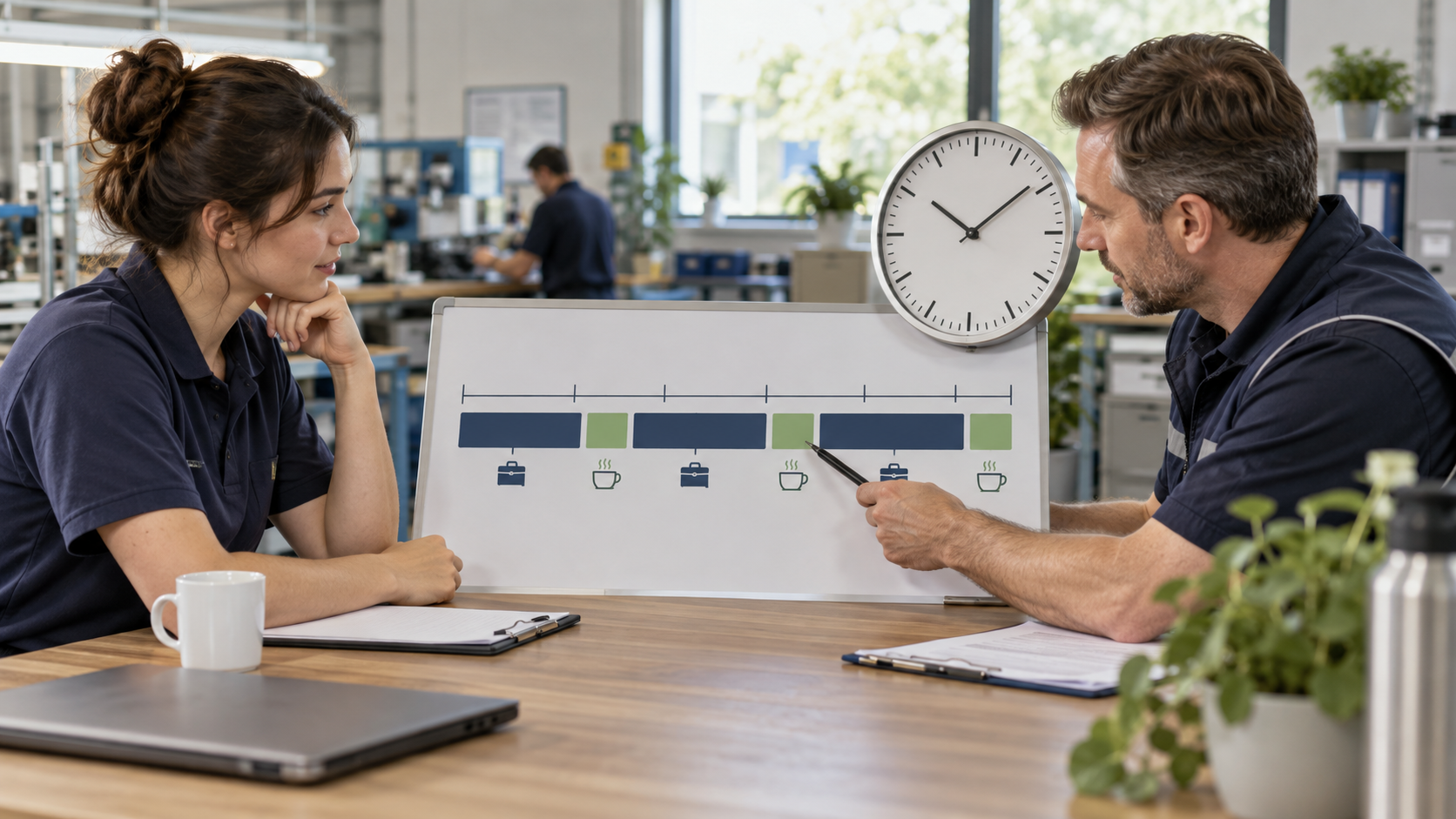 Beschäftigte planen mit Uhr und Zeitblöcken die Lage der Pausen in einer Arbeitsschicht.