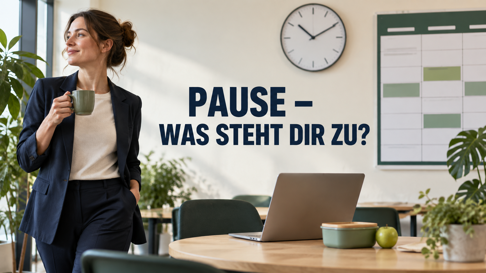 Arbeitnehmerin macht Pause neben Uhr und Arbeitsplan mit der Frage: Pause – was steht dir zu?