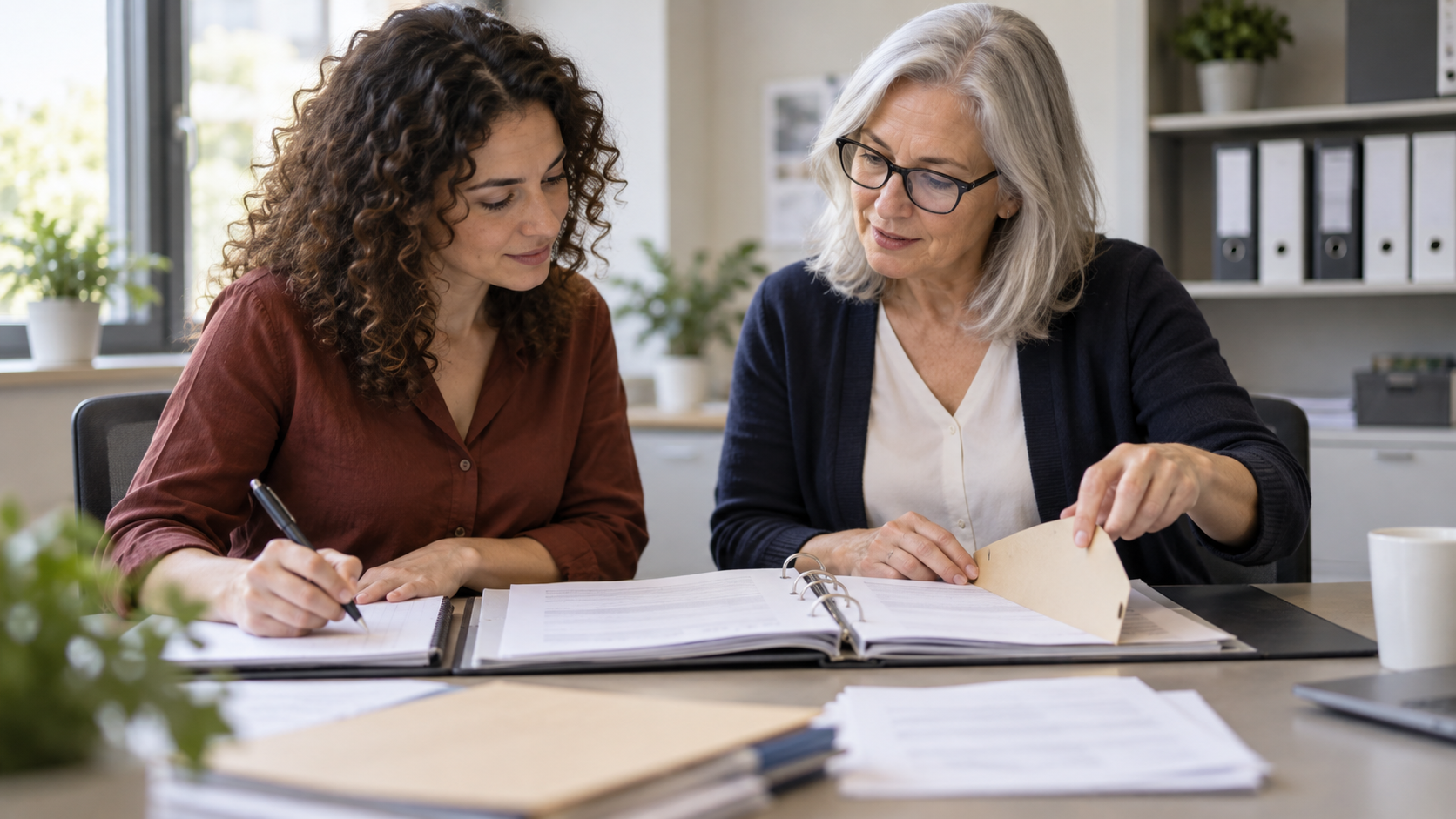 Arbeitnehmerin und Betriebsratsmitglied prüfen gemeinsam einen Personalordner und notieren offene Fragen