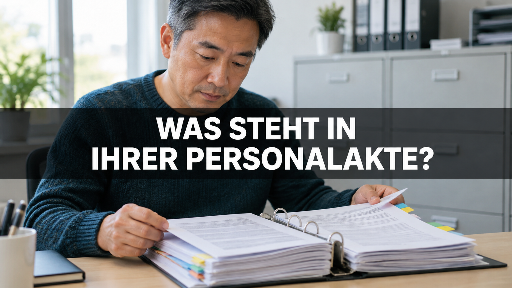Arbeitnehmer prüft einen Personalordner im Büro; zentral steht die Frage: Was steht in Ihrer Personalakte?