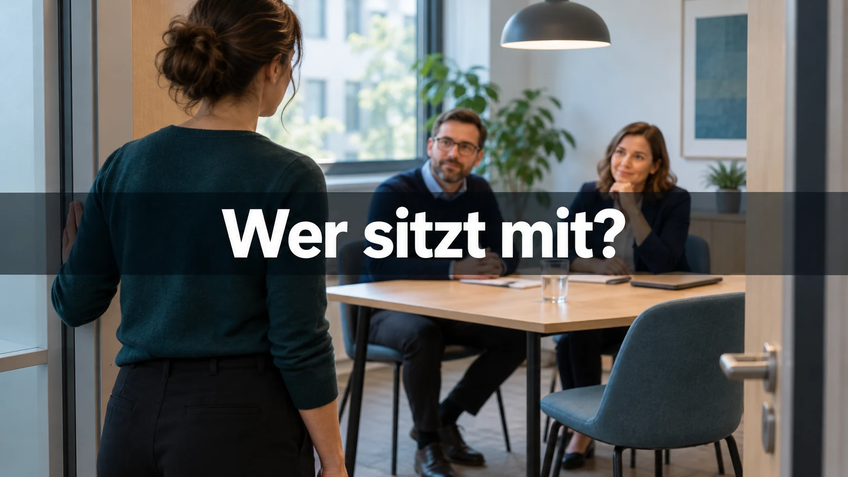 Fiktive Beschäftigte steht am Eingang eines Besprechungsraums; zwei Kollegen warten am Tisch neben einem freien Stuhl. Zentraler Text: Wer sitzt mit?