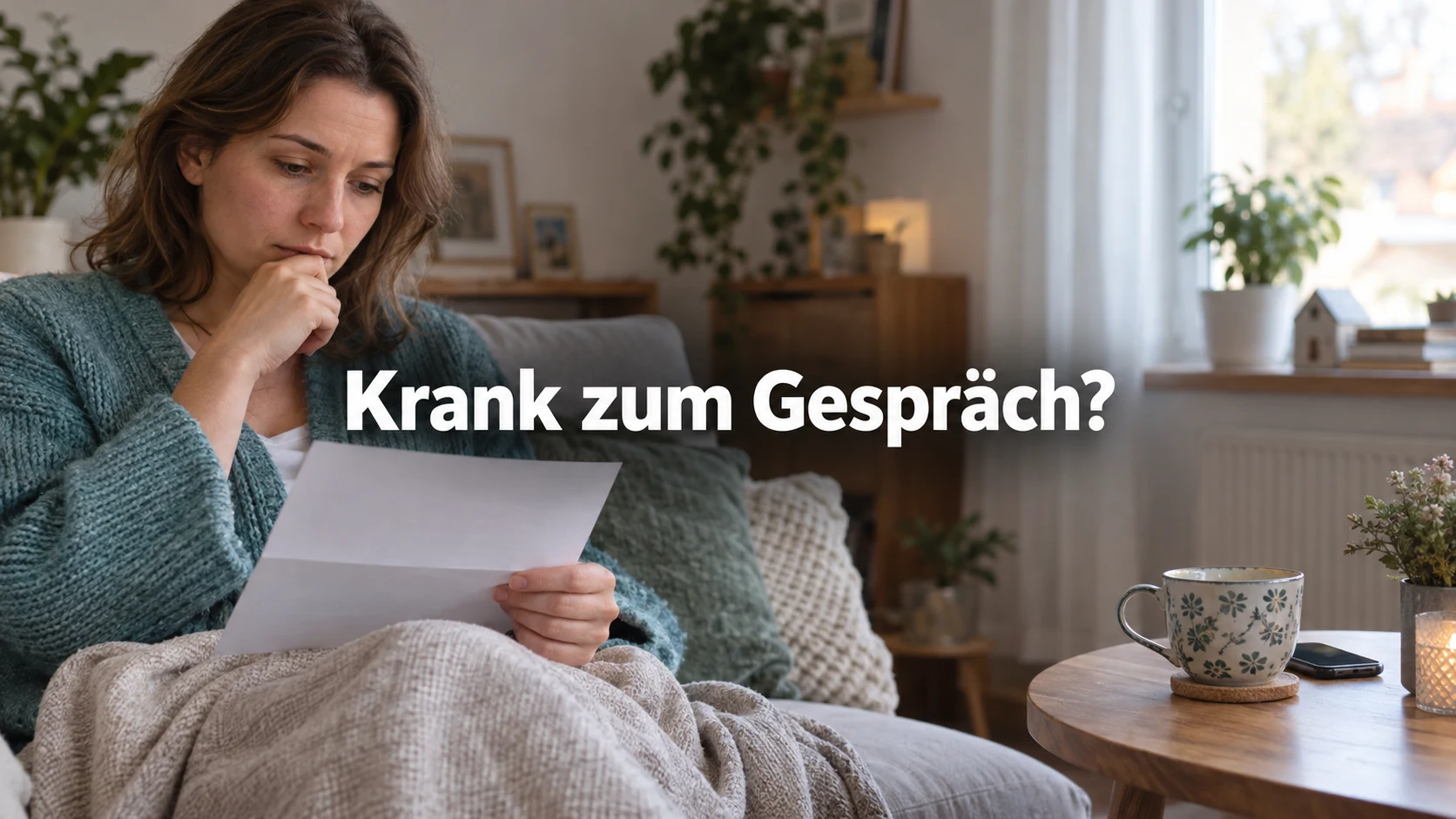 Fiktive Arbeitnehmerin ruht zu Hause mit Decke und liest ein Einladungsschreiben. Zentraler Text: Krank zum Gespräch?