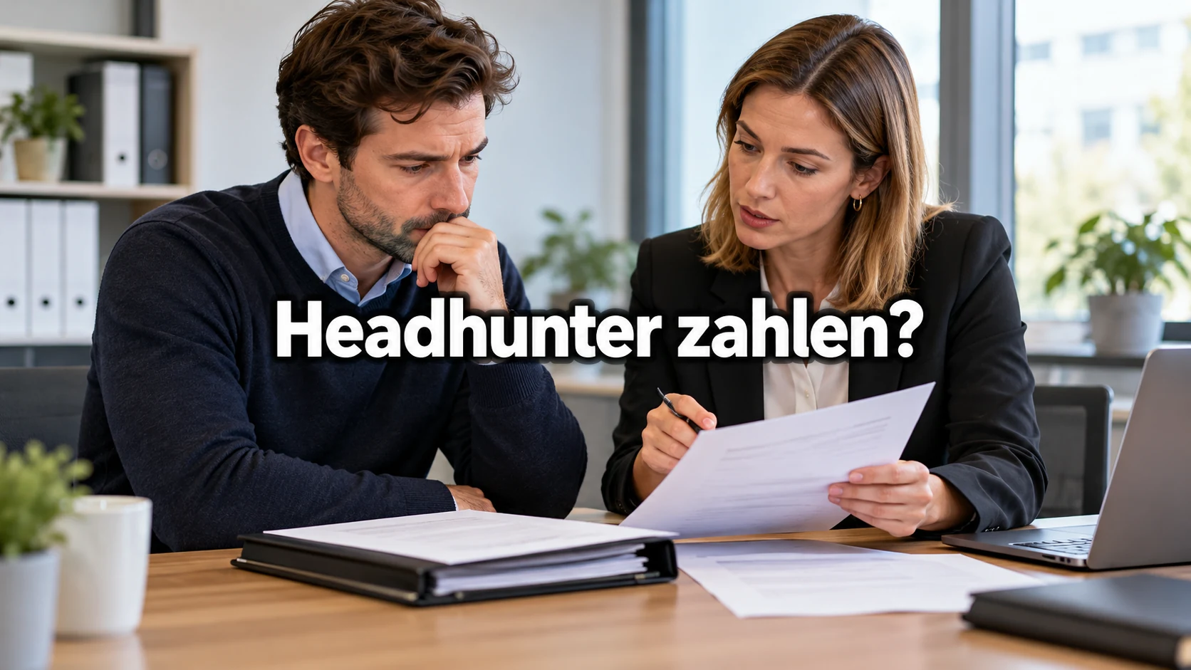 Fiktiver Beschäftigter prüft mit einer Person aus der Personalabteilung Rechnung und Vertragsunterlagen am Schreibtisch. Zentraler Text: Headhunter zahlen?