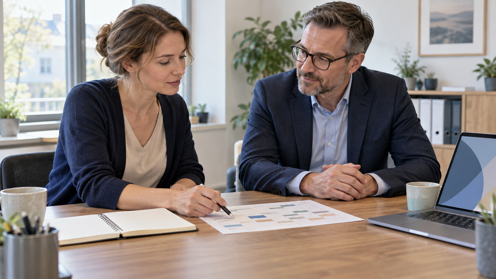 Beschäftigte und Personalverantwortlicher besprechen die Verteilung einer reduzierten Arbeitszeit im Büro.
