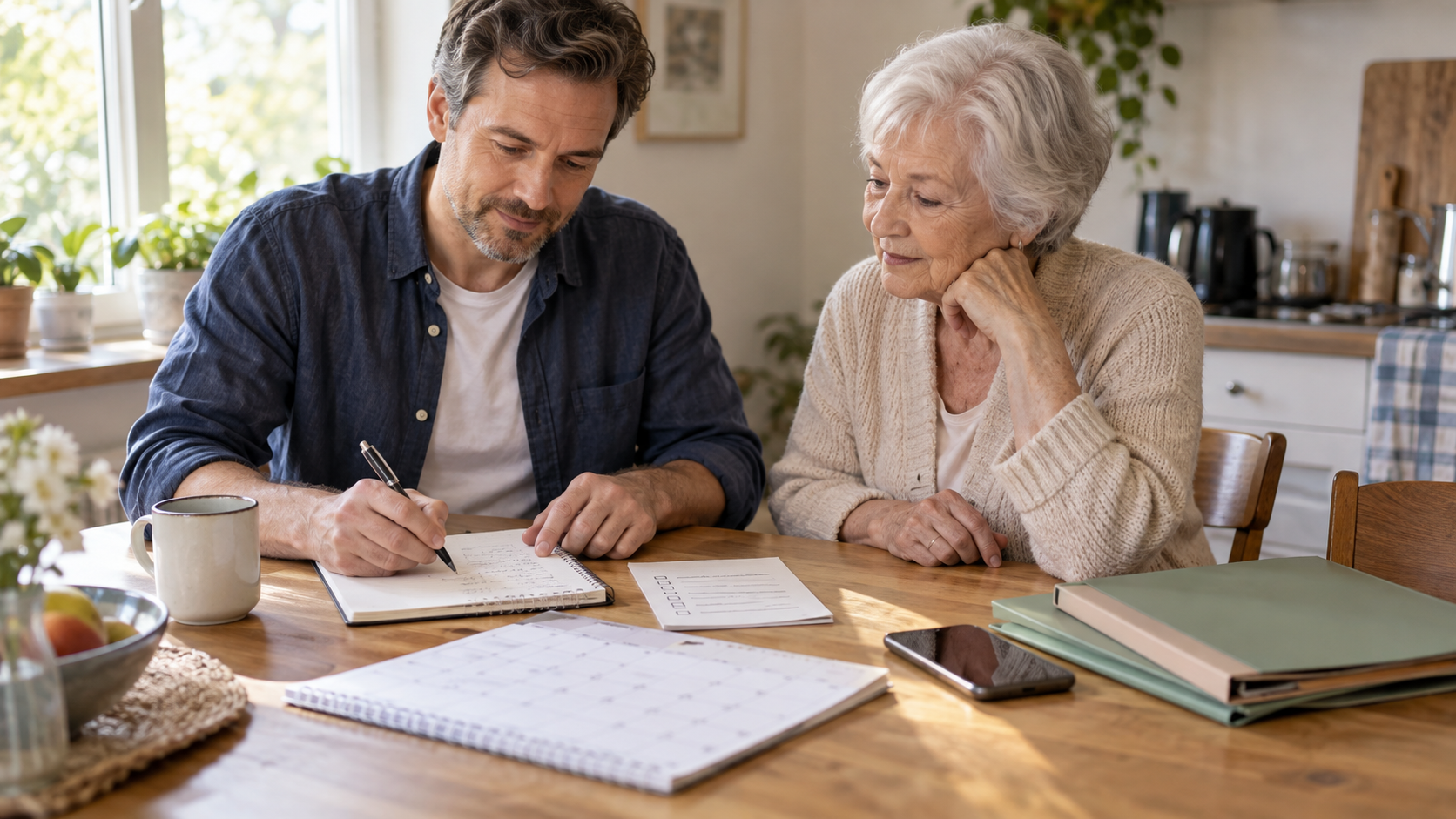 Sohn und ältere Mutter besprechen einen Pflegeplan mit Kalender und Unterlagen am Küchentisch.