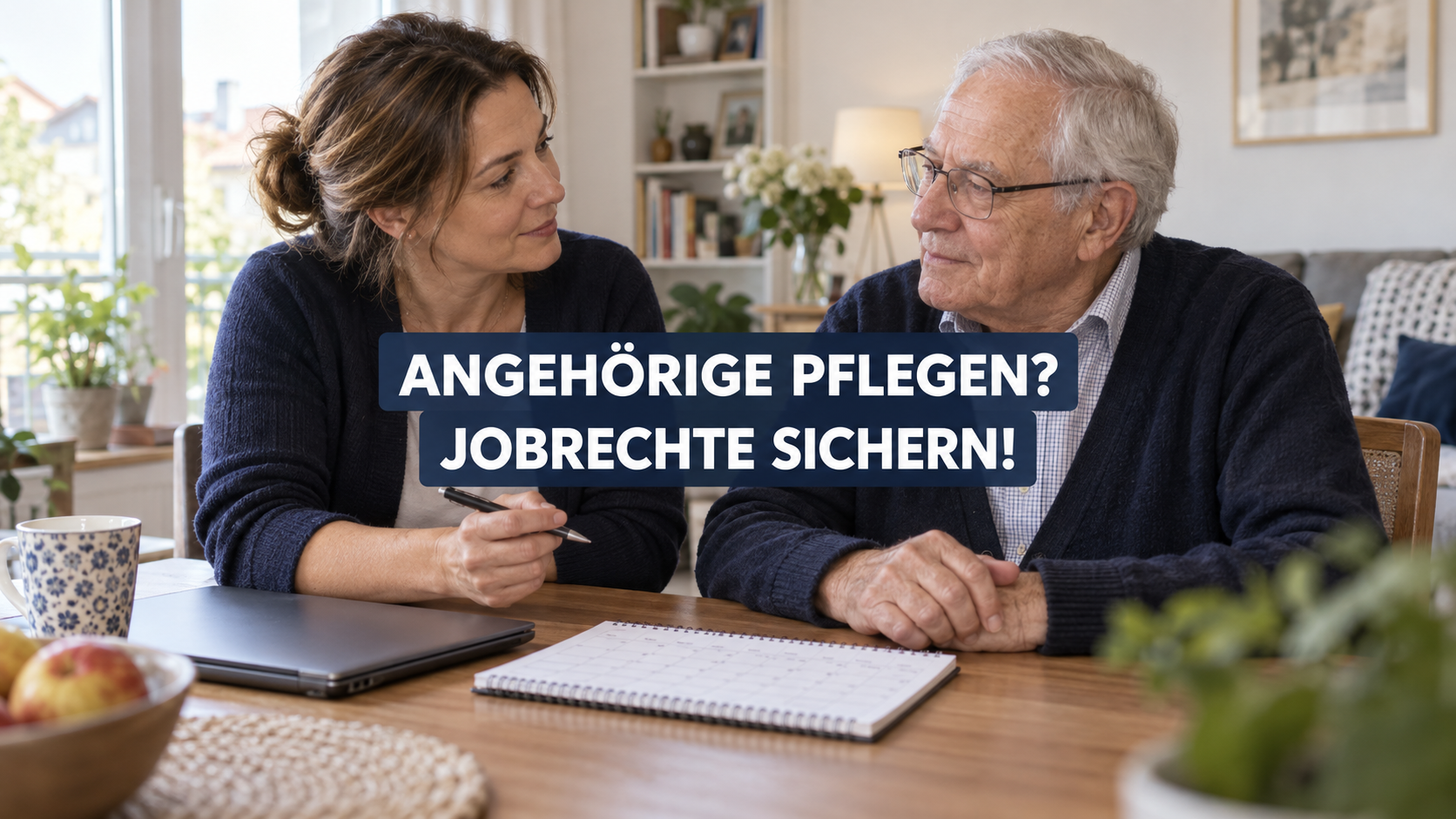 Tochter und älterer Vater planen häusliche Pflege; zentraler Schriftzug: Angehörige pflegen? Jobrechte sichern!
