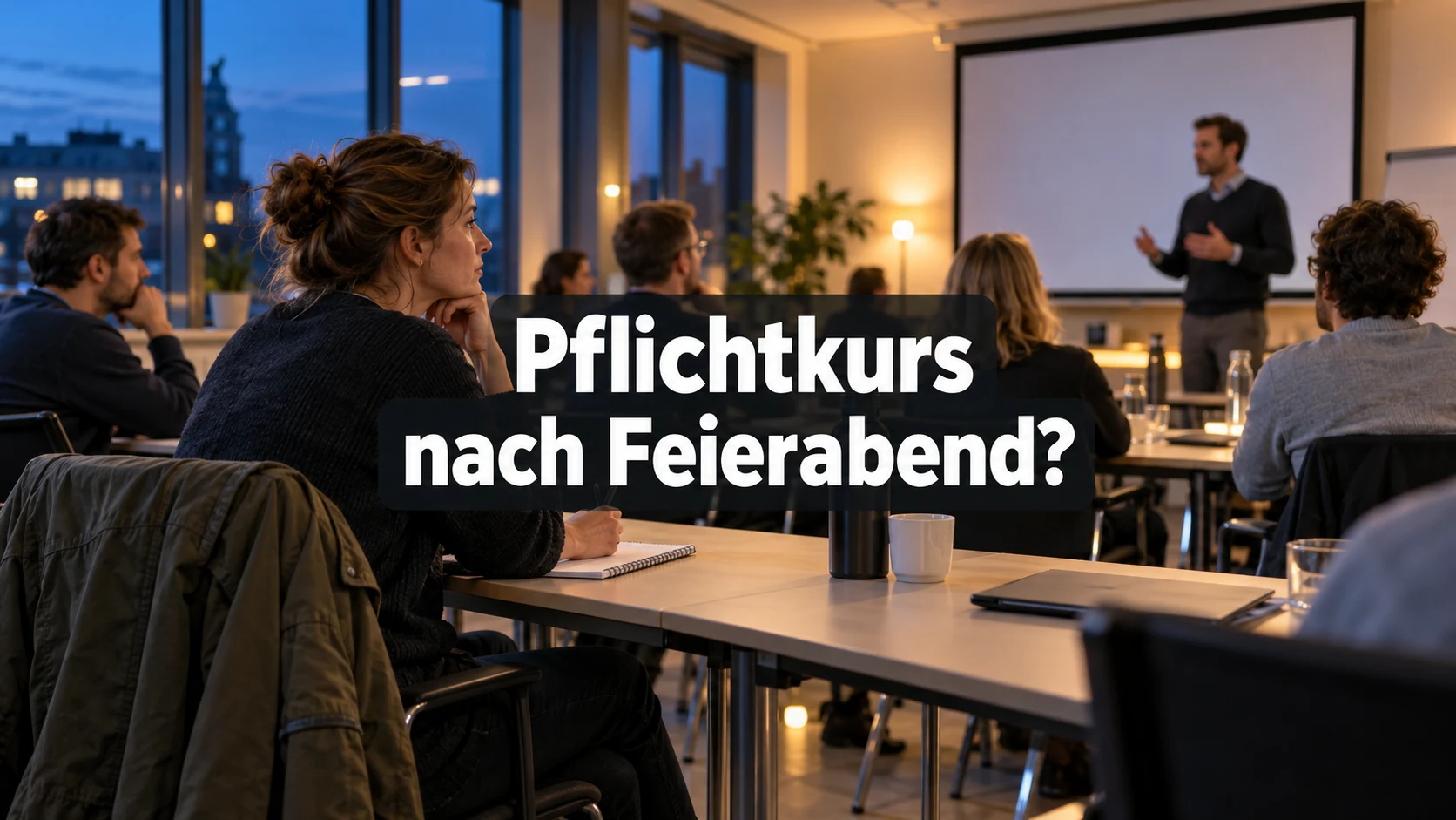 Fiktive Beschäftigte nehmen am Abend an einer beruflichen Schulung teil. Zentraler Text: Pflichtkurs nach Feierabend?