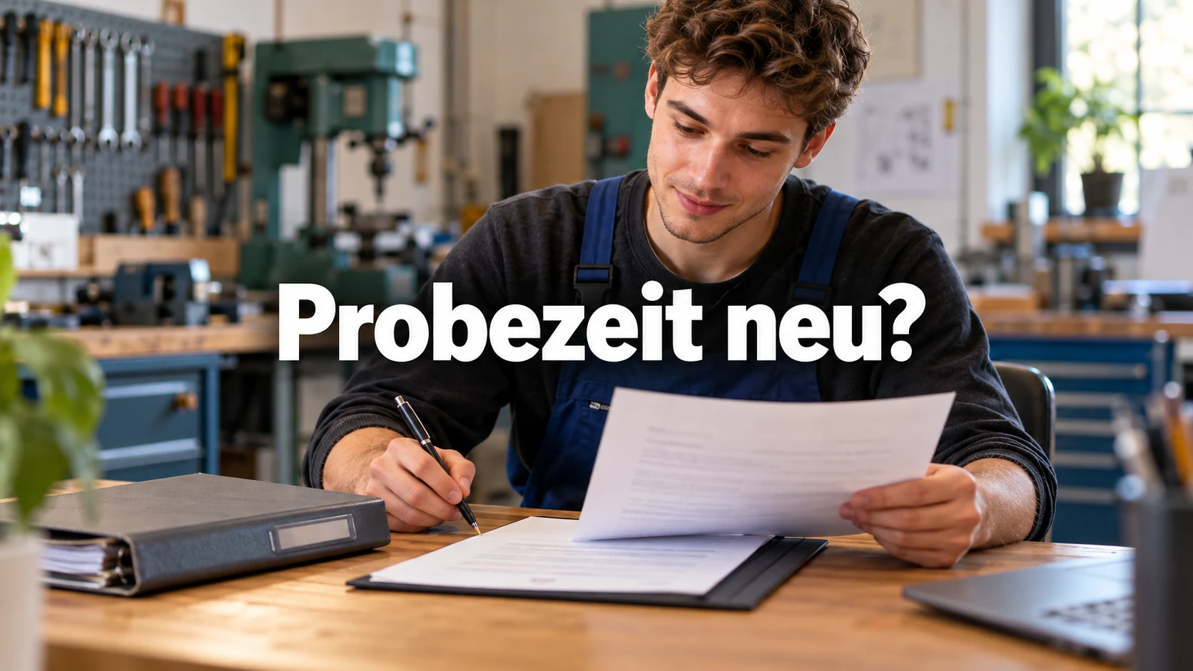 Fiktiver erwachsener Auszubildender prüft am Schreibtisch einer Werkstatt neue Vertragsunterlagen neben einer Mappe; zentraler Text: Probezeit neu?