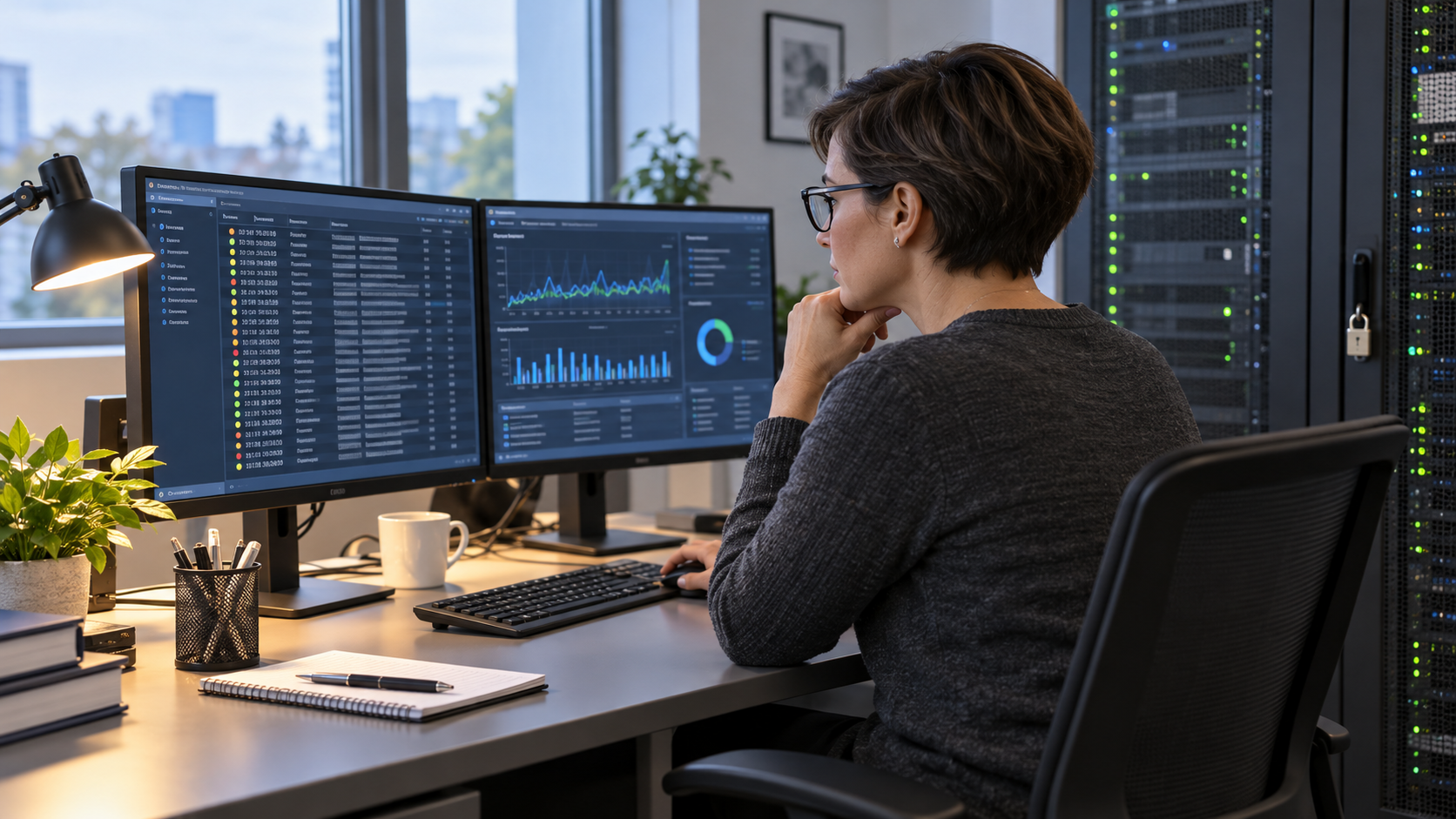 IT-Mitarbeiterin prüft abstrakte Netzwerkprotokolle und Diagramme an zwei Monitoren