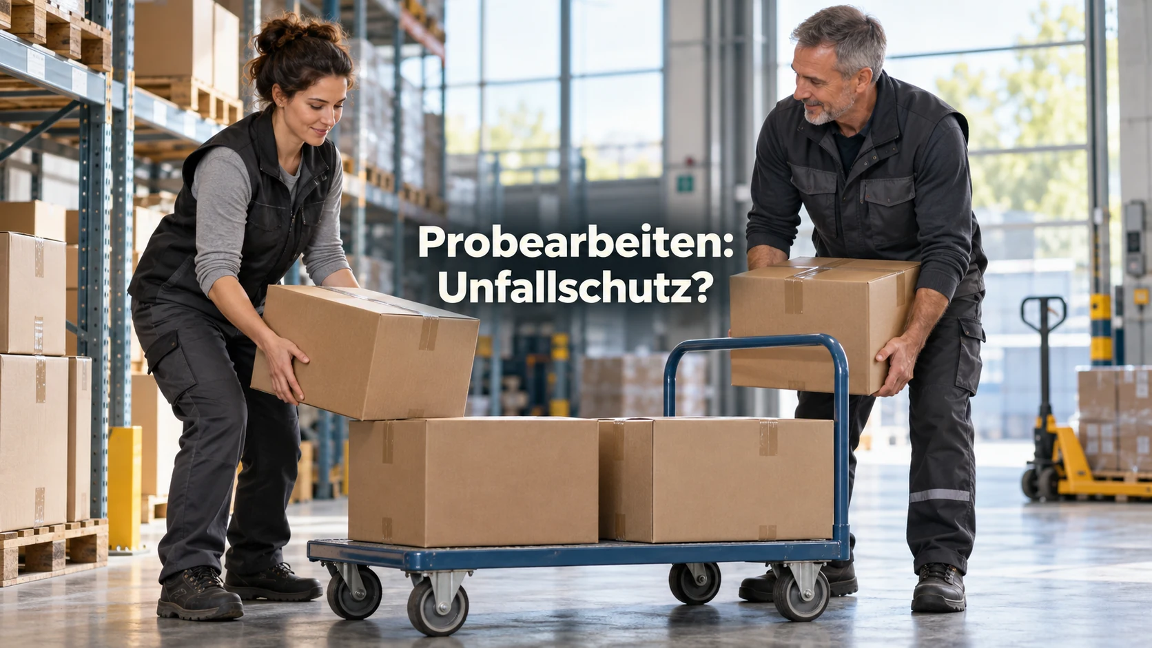 Fiktive Bewerberin und erfahrener Mitarbeiter transportieren Kartons auf einen Wagen im Lager. Zentraler Text: Probearbeiten: Unfallschutz?