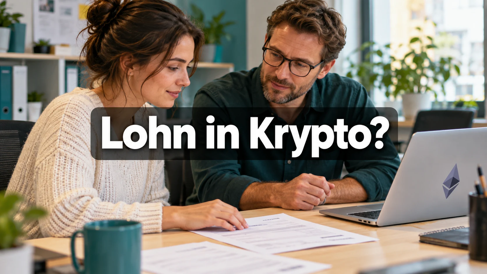 Fiktives Gespräch über eine Gehaltsabrechnung im Büro neben einem Laptop mit Ether-Symbol; zentraler Text: Lohn in Krypto?