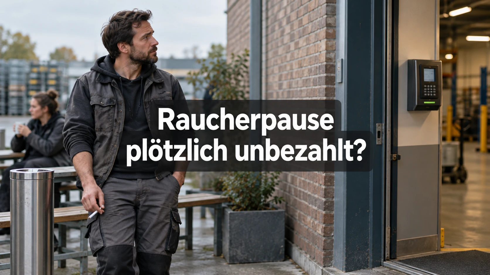 Fiktiver Beschäftigter neben einer Raucherzone blickt zur Zeiterfassung am Werkseingang. Zentraler Text: Raucherpause plötzlich unbezahlt?