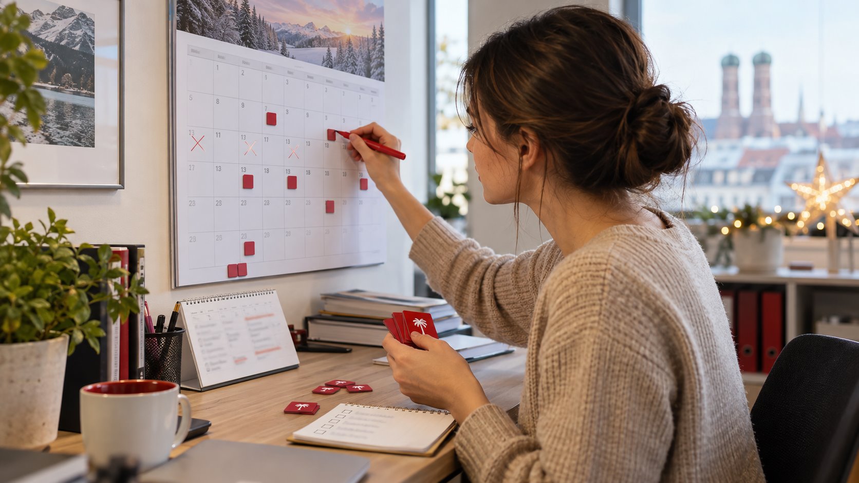 Eine Arbeitnehmerin plant verbleibende Urlaubstage an einem großen Kalender.