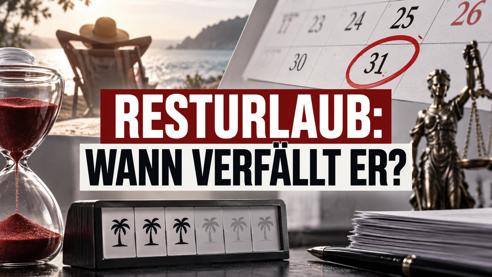 Urlaubskalender, Sanduhr und Justitia mit der Frage: Resturlaub – wann verfällt er?