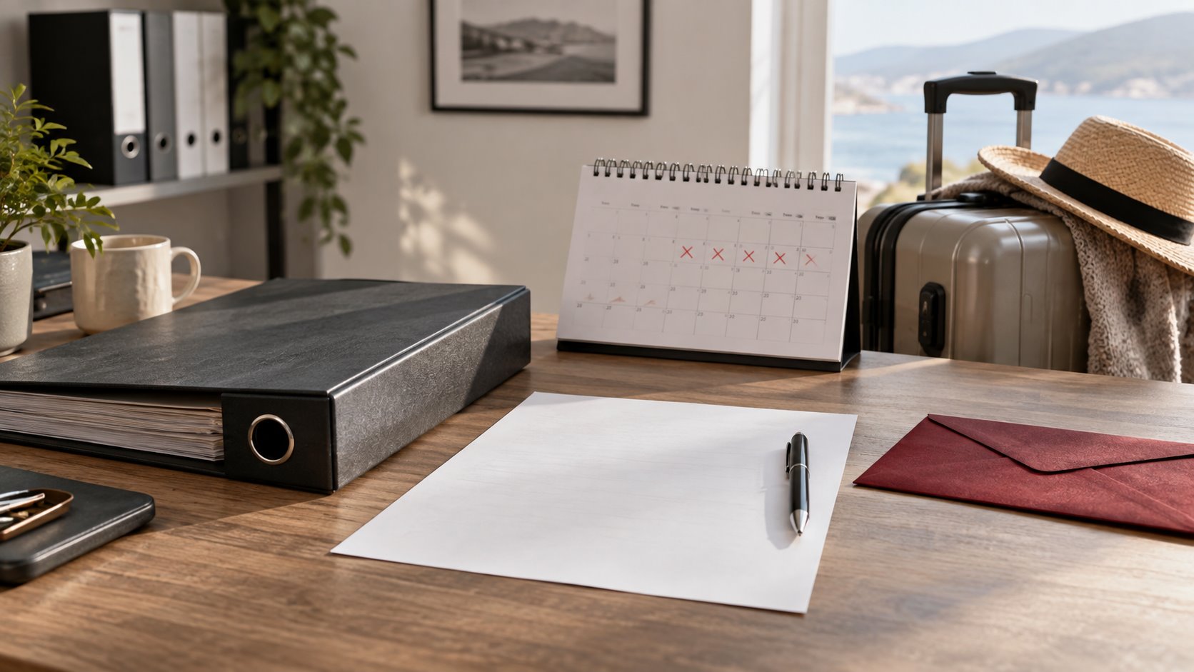Arbeitsordner, Kalender und Reisekoffer stehen als Sinnbild für Resturlaub beim Vertragsende auf einem Tisch.