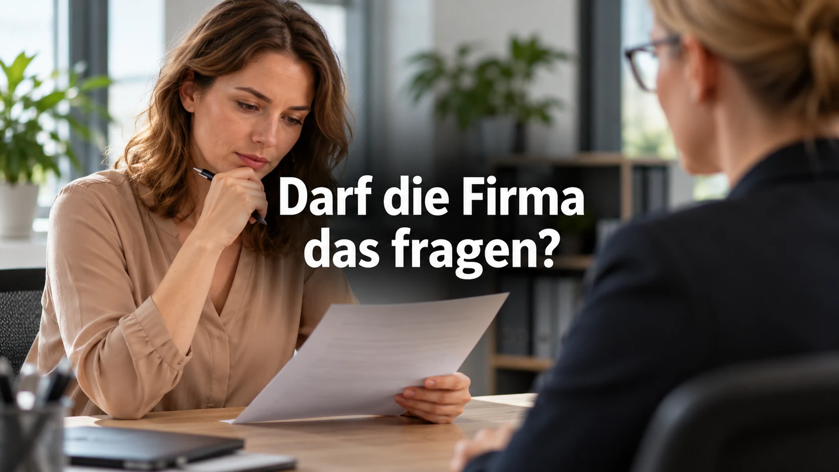 Fiktive Arbeitnehmerin prüft einen Personalfragebogen im Büro; zentral steht: Darf die Firma das fragen?