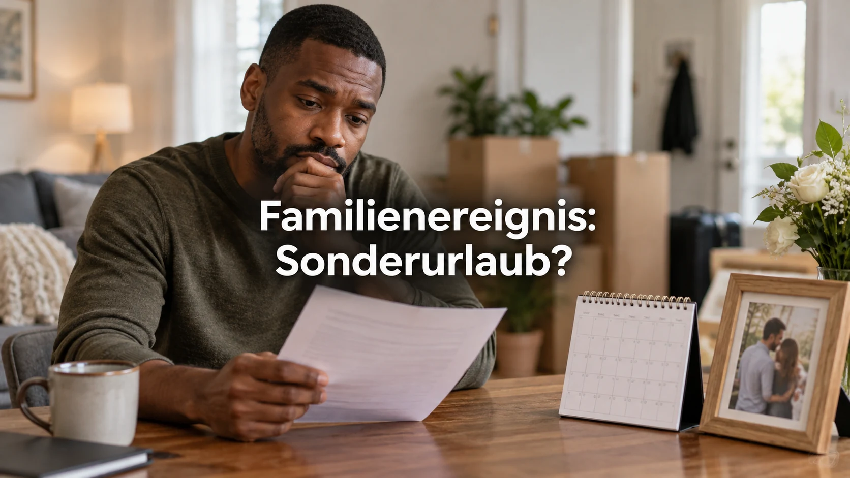 Sonderurlaub: Anspruch bei Hochzeit, Todesfall, Umzug und Geburt. Repräsentative Szene; zentraler Text: Familienereignis: Sonderurlaub?