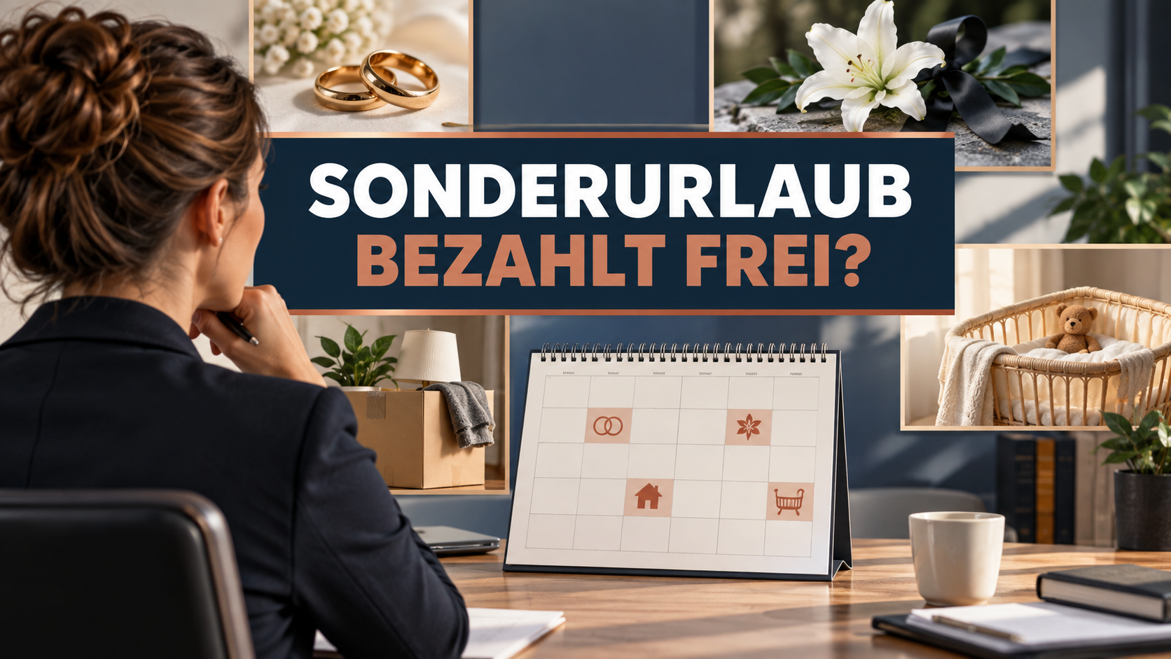 Symbole für Hochzeit, Todesfall, Umzug und Geburt mit der Frage: Sonderurlaub – bezahlt frei?
