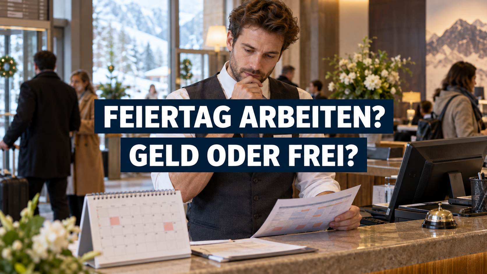 Hotelmitarbeiter prüft Dienstplan und Kalender; zentraler Schriftzug: Feiertag arbeiten? Geld oder frei?