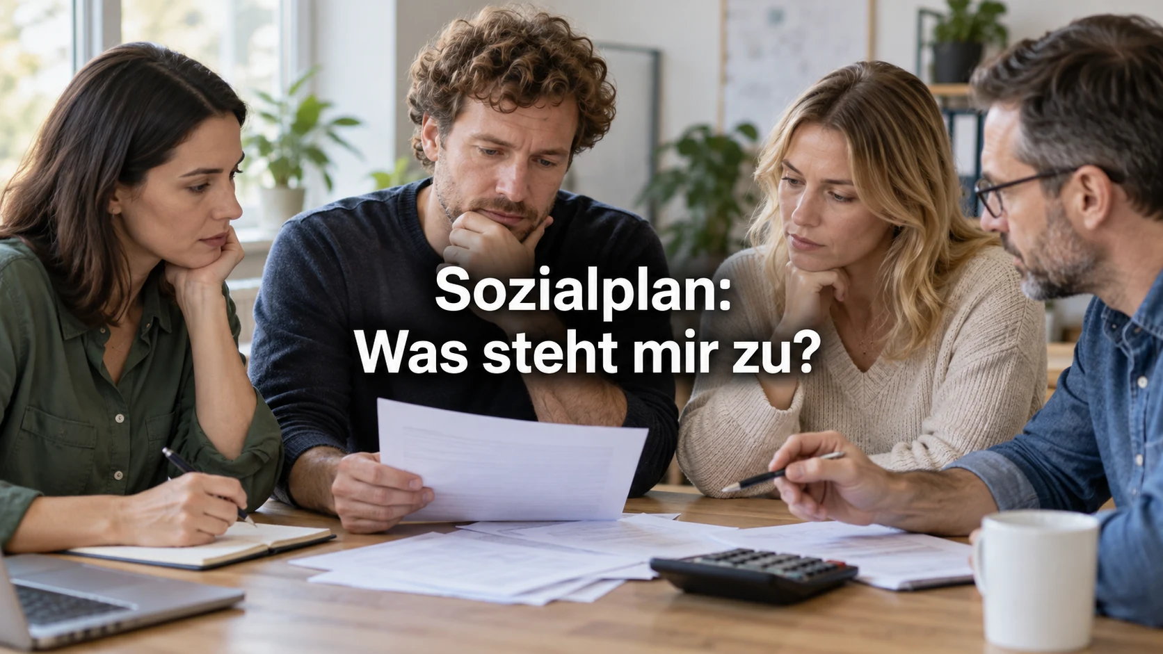 Sozialplan-Abfindung berechnen: Formel, Zuschläge und Höchstbetrag prüfen. Repräsentative Szene; zentraler Text: Sozialplan: Was steht mir zu?