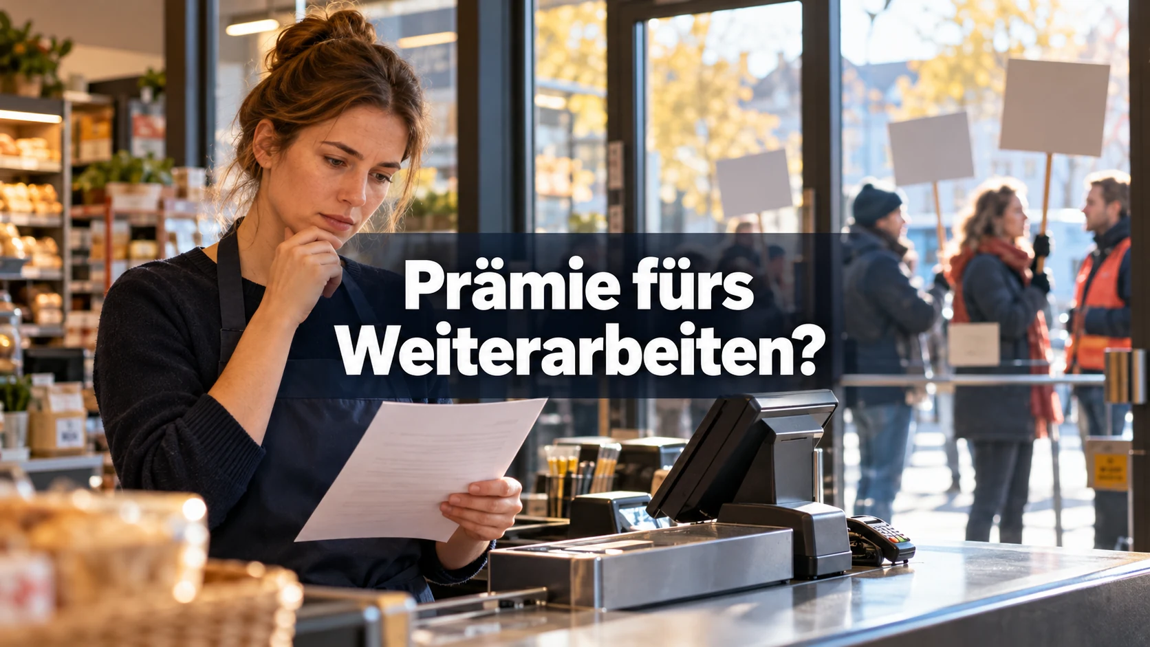 Fiktive Beschäftigte an einer Ladenkasse mit Aushang, im Hintergrund friedliche Streikende; zentral steht: Prämie fürs Weiterarbeiten?