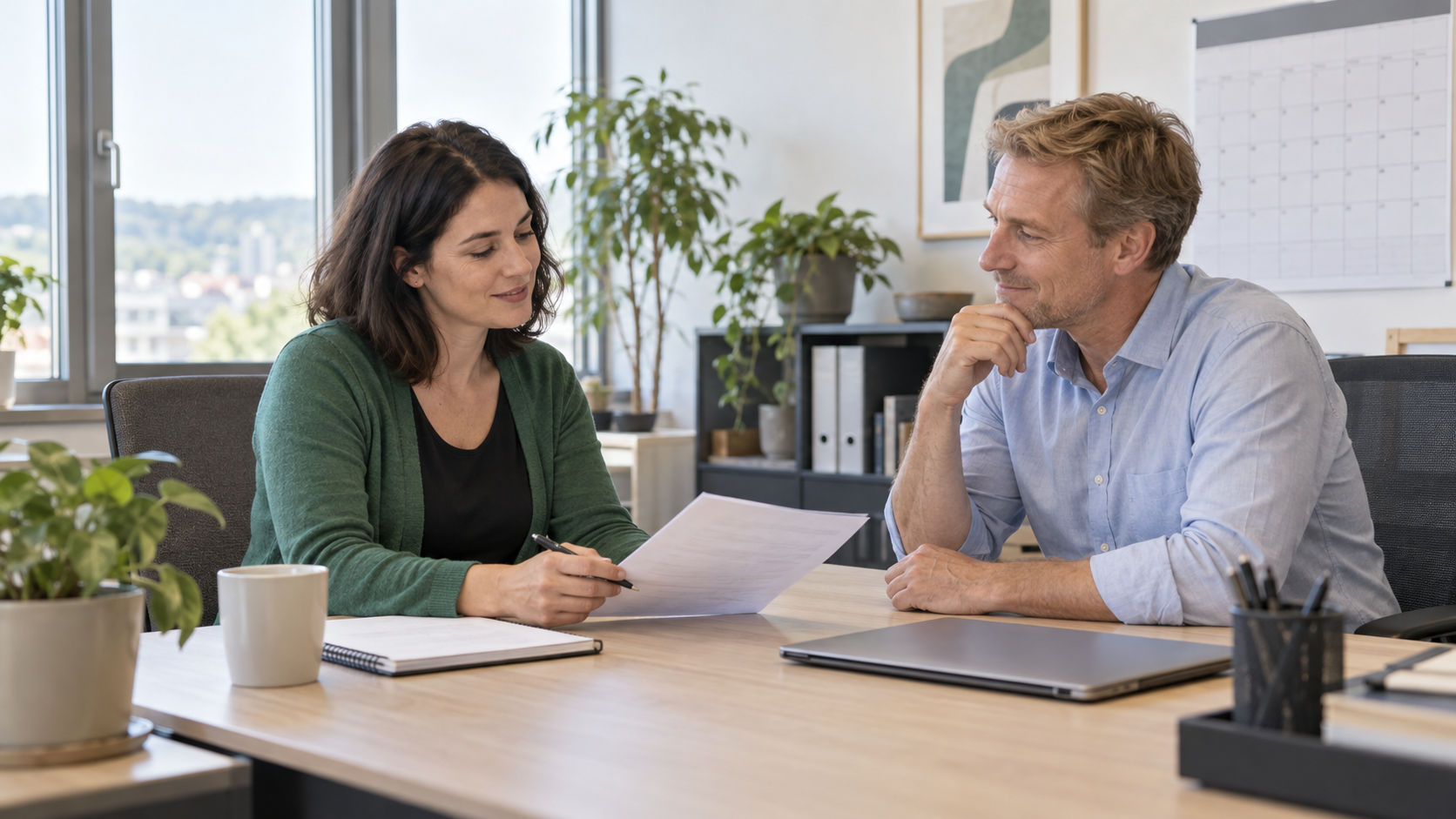 Arbeitnehmerin und Vorgesetzter stimmen in einem ruhigen Büro begrenzte Aufgaben ab.
