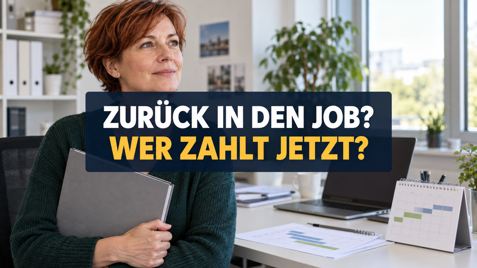 Arbeitnehmerin mit Mappe am Arbeitsplatz; zentrale Schrift: Zurück in den Job? Wer zahlt jetzt?