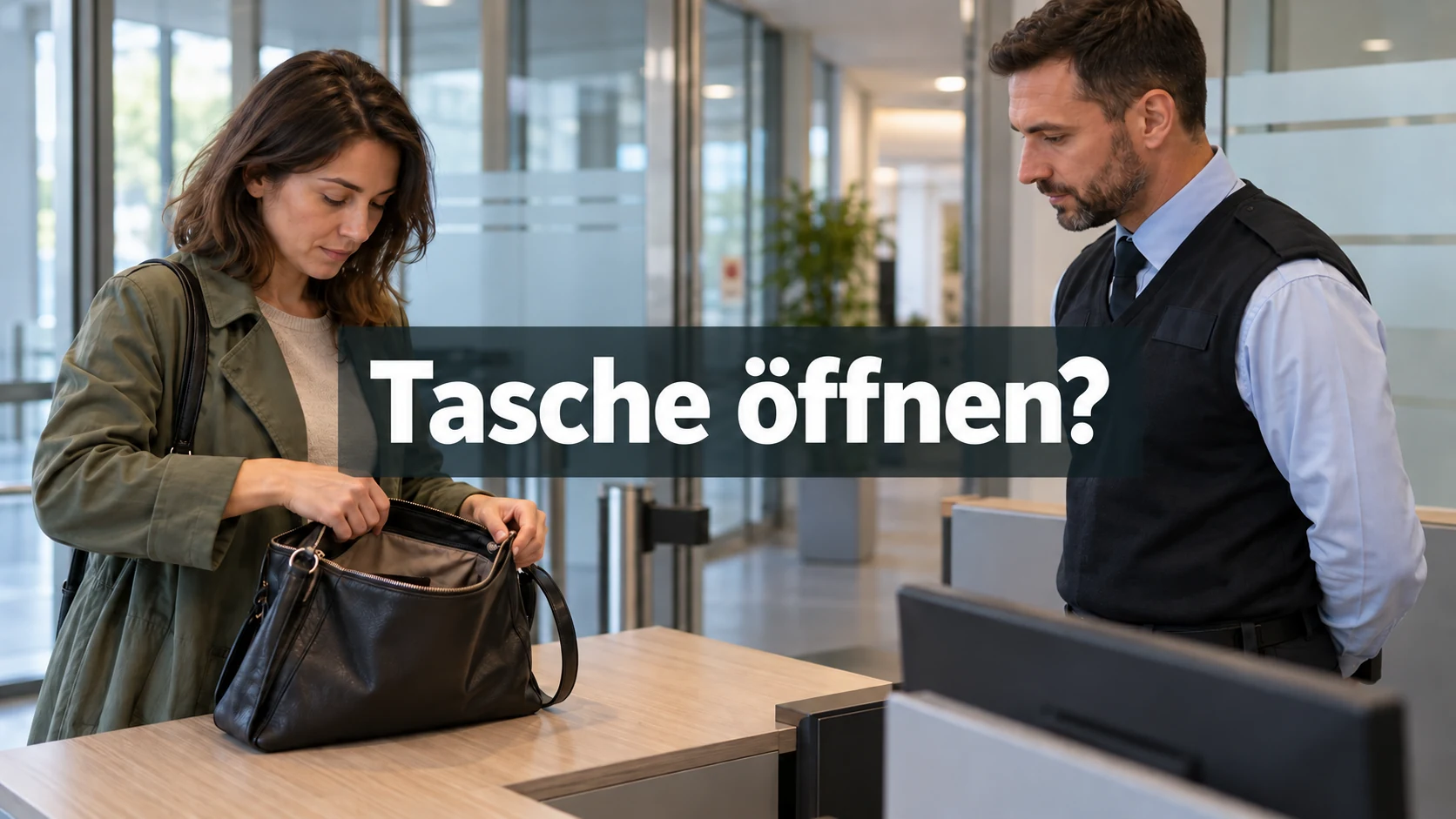 Fiktive Beschäftigte hält ihre eigene geöffnete Tasche an einem ruhigen Betriebsempfang, während ein Sicherheitsmitarbeiter hinsieht. Zentraler Text: Tasche öffnen?