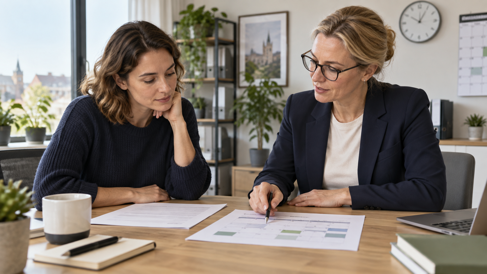 Arbeitnehmerin und Personalverantwortliche besprechen einen Teilzeitantrag und die künftige Wochenplanung.