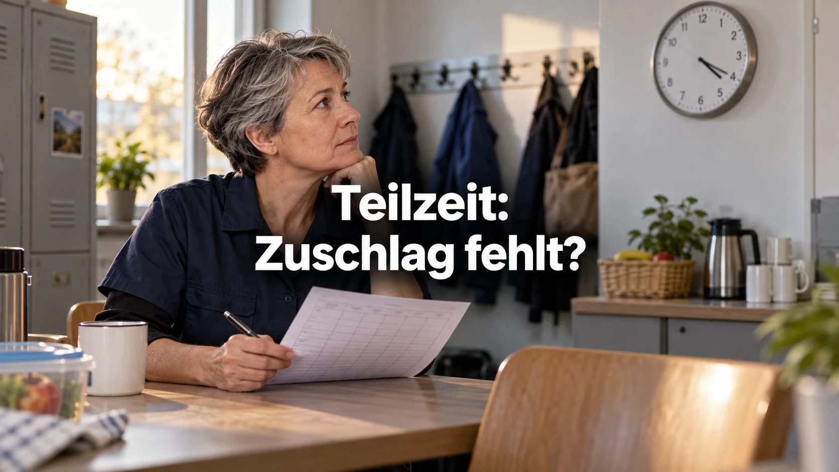 Beschäftigte prüft nach einer Schicht ihren Plan im Aufenthaltsraum. Zentraler Text: Teilzeit: Zuschlag fehlt?