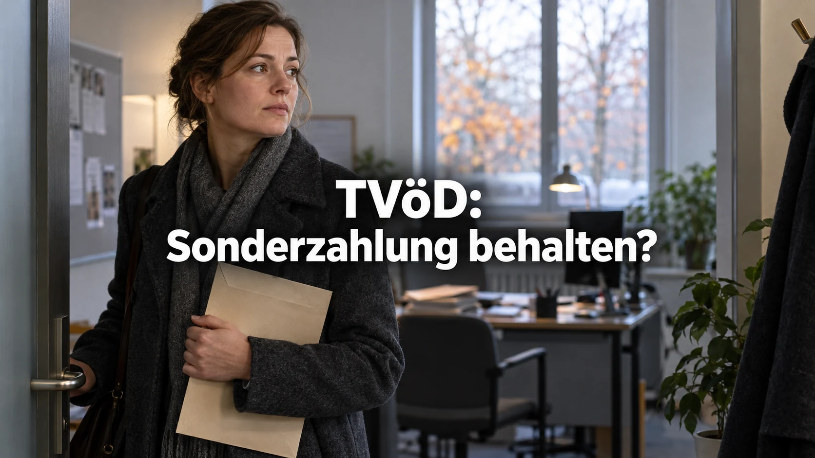 Fiktive Beschäftigte mit Dokumenten am Büroeingang; zentraler Text: TVöD: Sonderzahlung behalten?