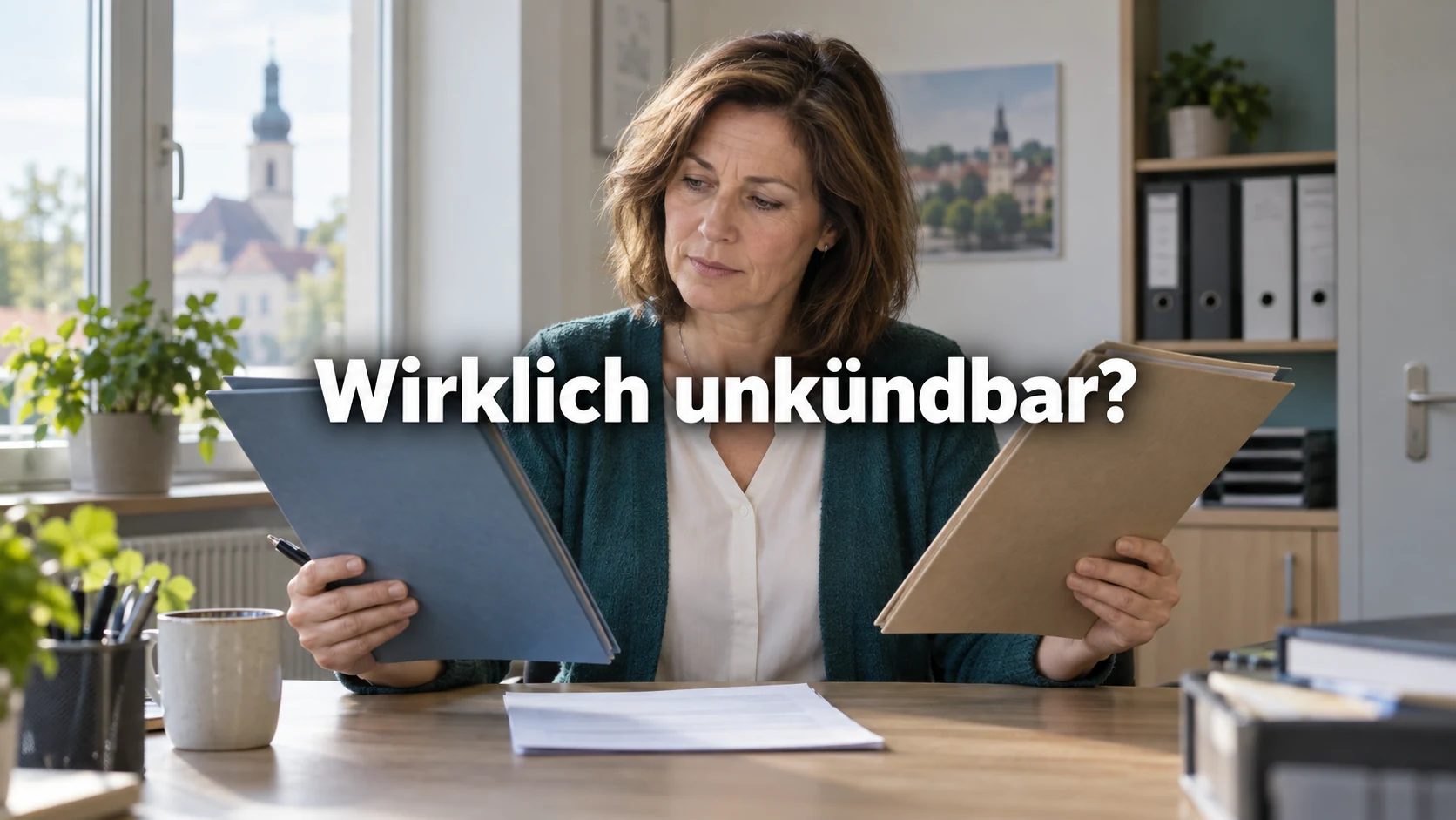 Fiktive kommunale Beschäftigte vergleicht zwei Dokumentenmappen am Büroarbeitsplatz. Zentraler Text: Wirklich unkündbar?