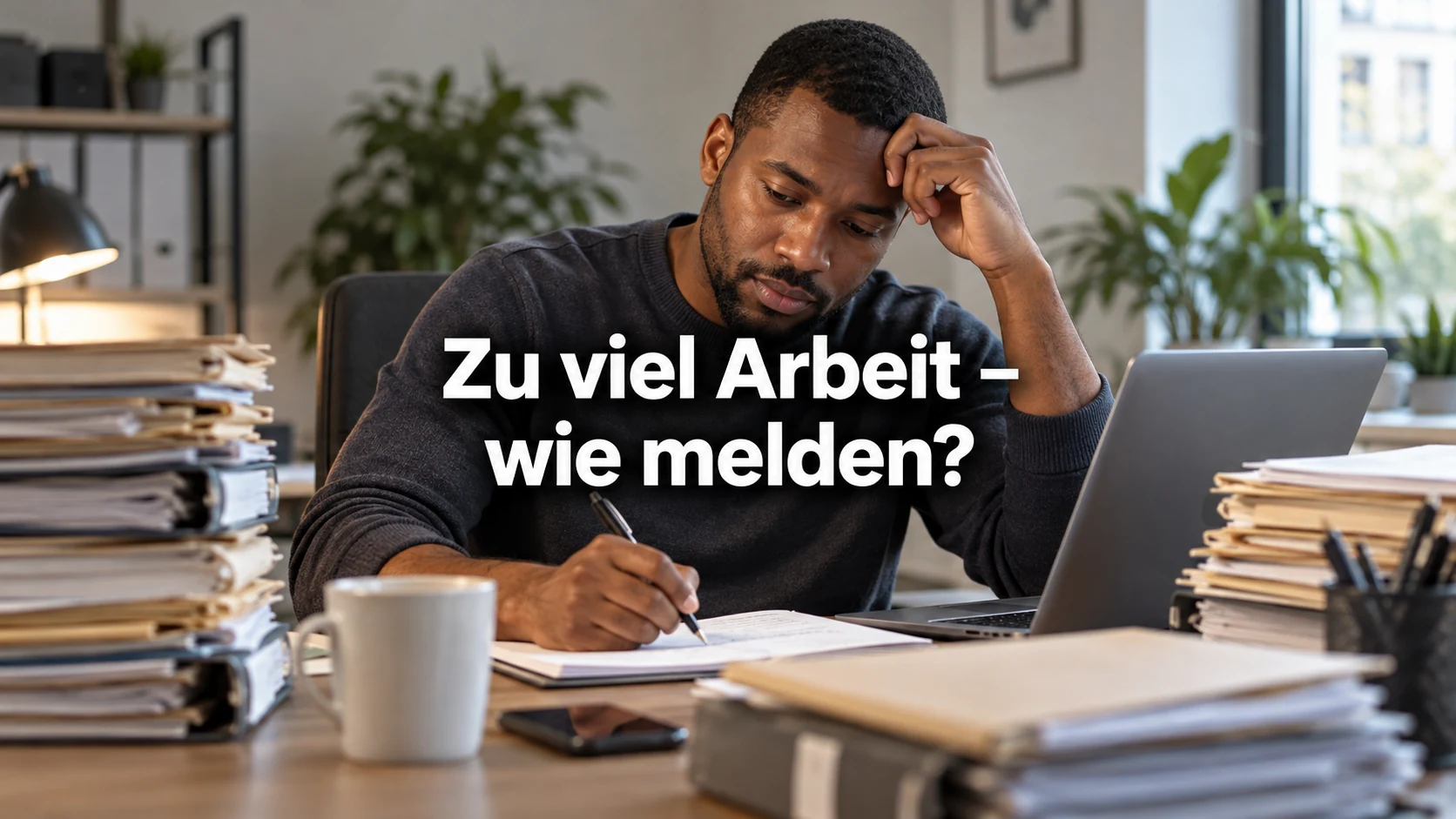 Überlastung melden: Muster, Zeitrechnung und Haftung. Repräsentative Szene; zentraler Text: Zu viel Arbeit – wie melden?