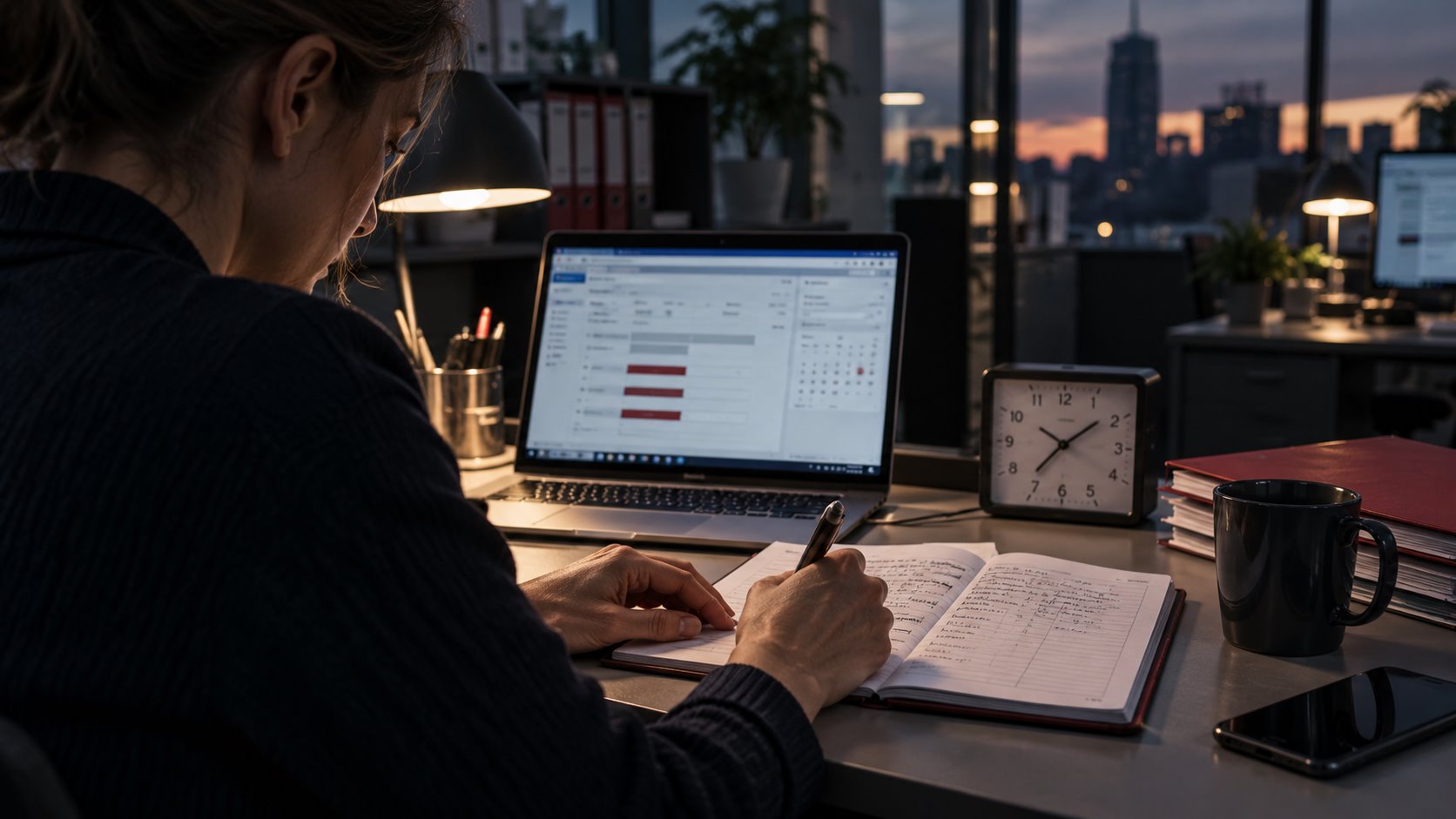 Eine Arbeitnehmerin dokumentiert am Abend ihre Arbeitszeiten neben Laptop und Schreibtischuhr.