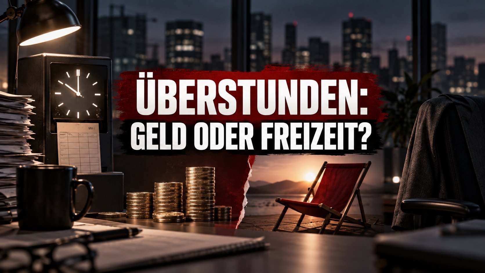 Spätes Büro, Stechuhr und Münzen mit der Frage: Überstunden – Geld oder Freizeit?