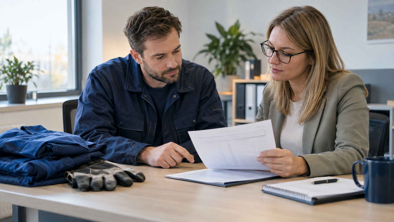 Beschäftigter und Kollegin besprechen eine anonyme Abrechnung neben gefalteter Arbeitskleidung und Handschuhen.