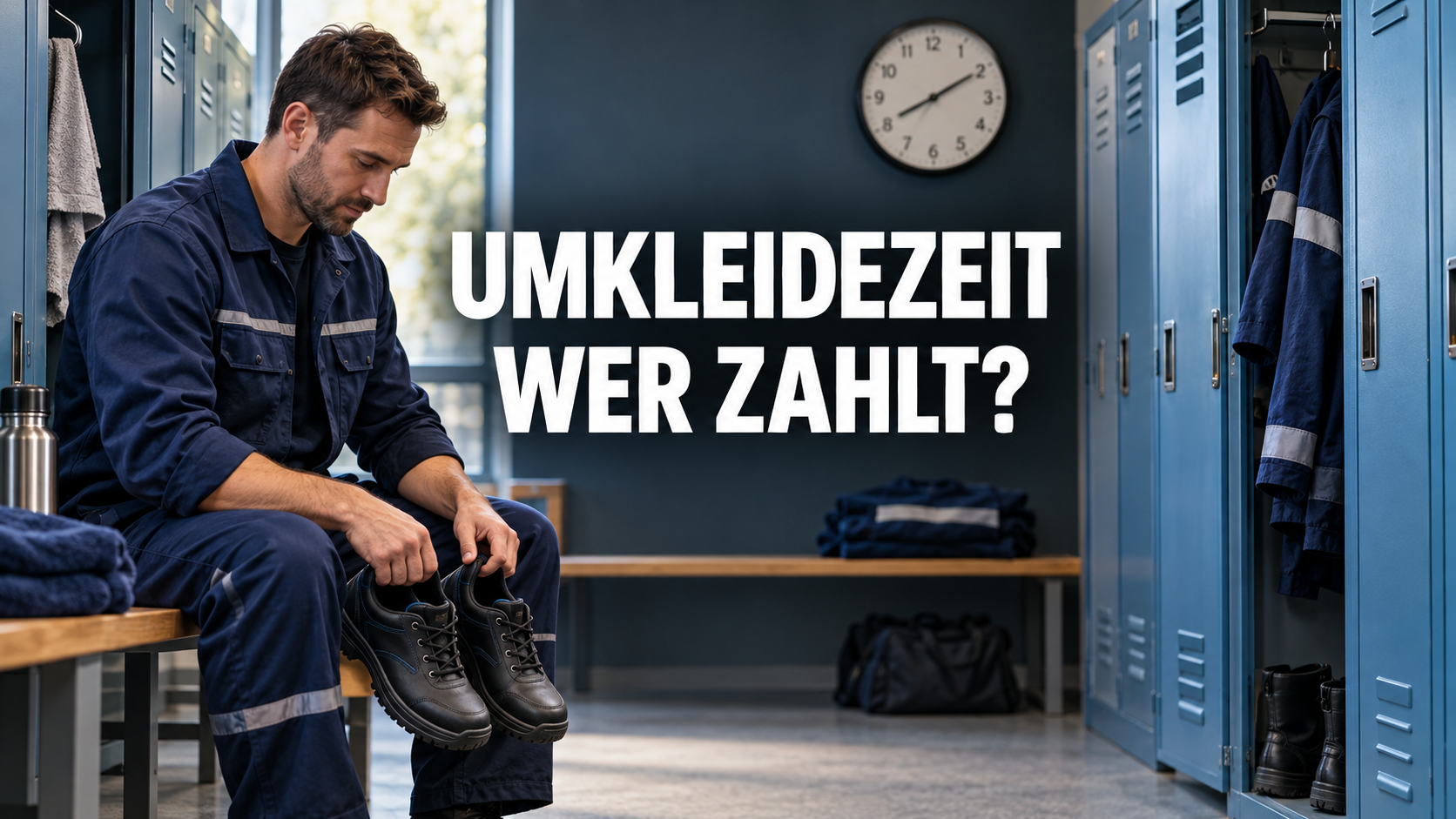 Arbeiter mit Arbeitsschuhen vor blauen Spinden; zentraler Hinweis: Umkleidezeit – wer zahlt?