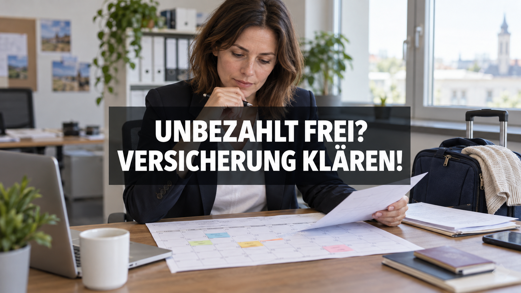 Beschäftigte plant eine unbezahlte Auszeit mit Kalender und Reisegepäck; zentraler Schriftzug: Unbezahlt frei? Versicherung klären!
