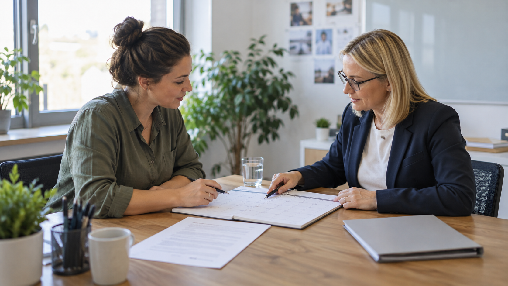 Beschäftigte und Personalverantwortliche besprechen Kalender und Unterlagen zur vorübergehenden Freistellung im Büro.