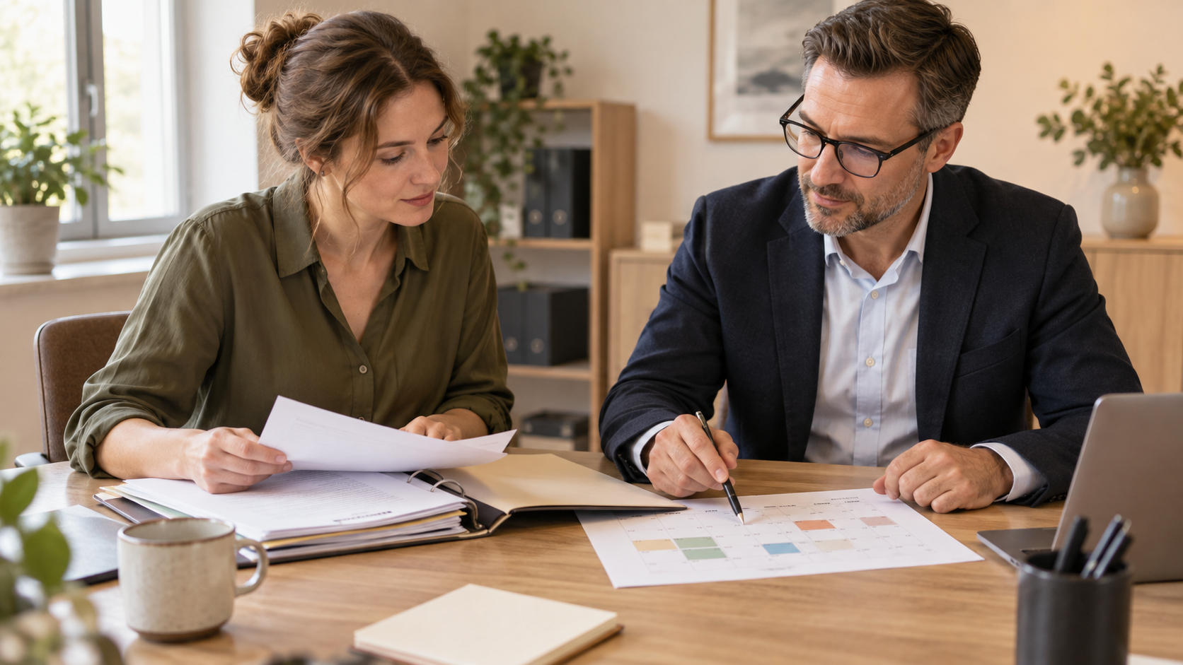 Arbeitnehmerin und Berater gleichen Unterlagen und einen Schichtkalender am Besprechungstisch ab