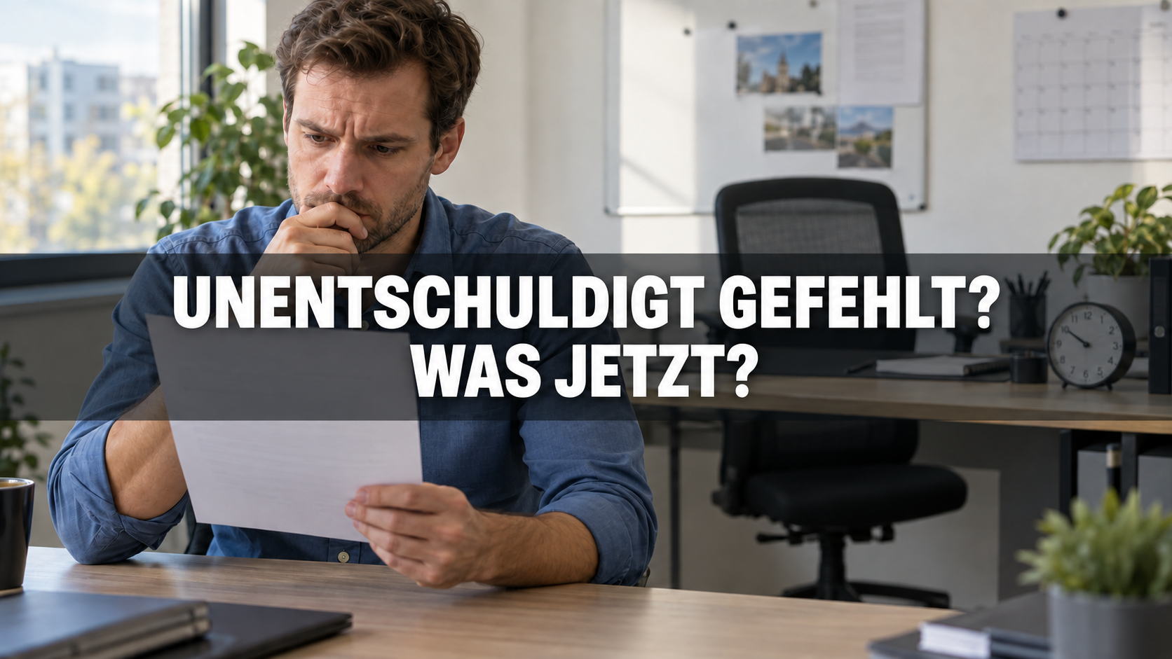 Arbeitnehmer liest einen Brief neben einem unbesetzten Arbeitsplatz; mittig steht: Unentschuldigt gefehlt? Was jetzt?