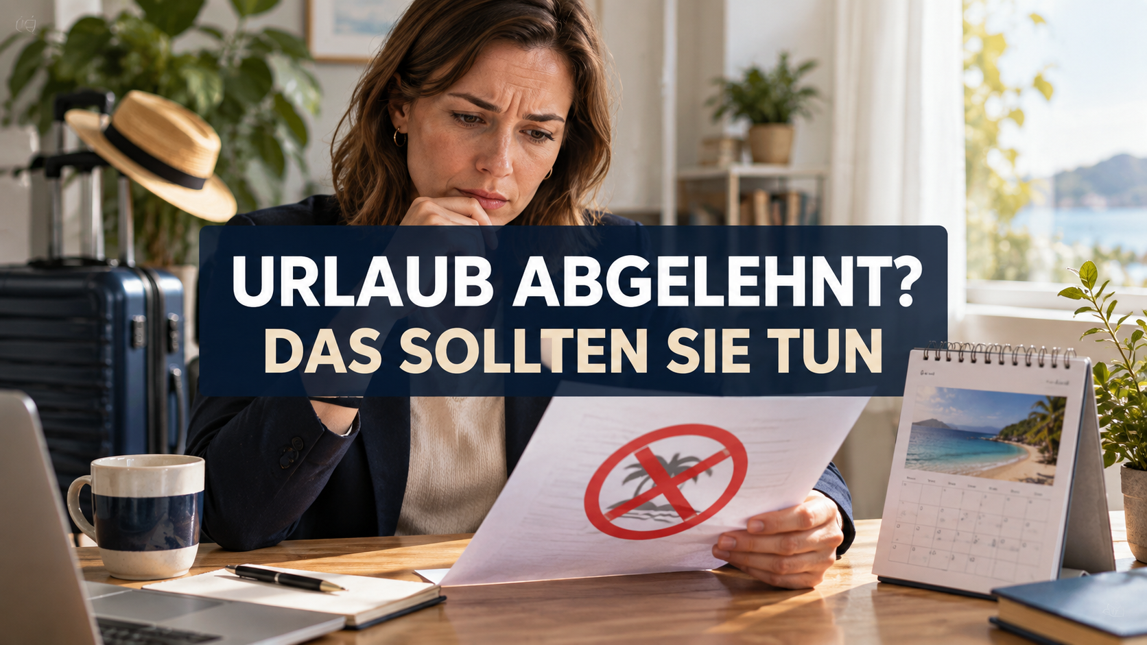 Arbeitnehmerin mit Urlaubsunterlagen und Reisekoffer; zentrale Frage: Urlaub abgelehnt? Das sollten Sie tun.